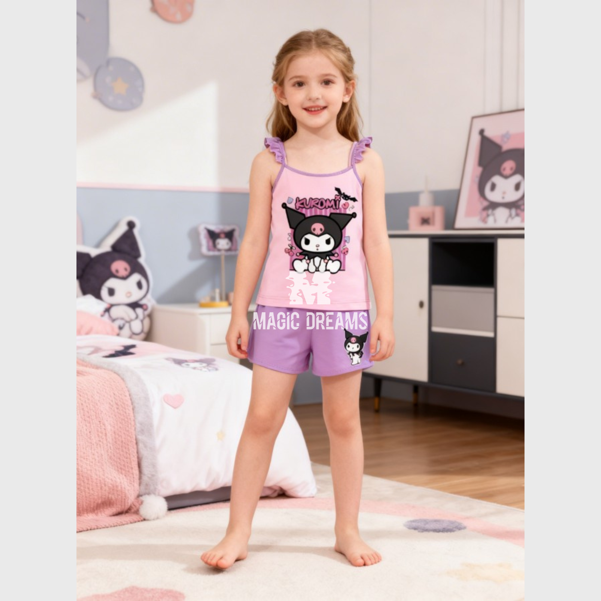 Pijama de Verão Top + Calção Kuromi Hello Kitty