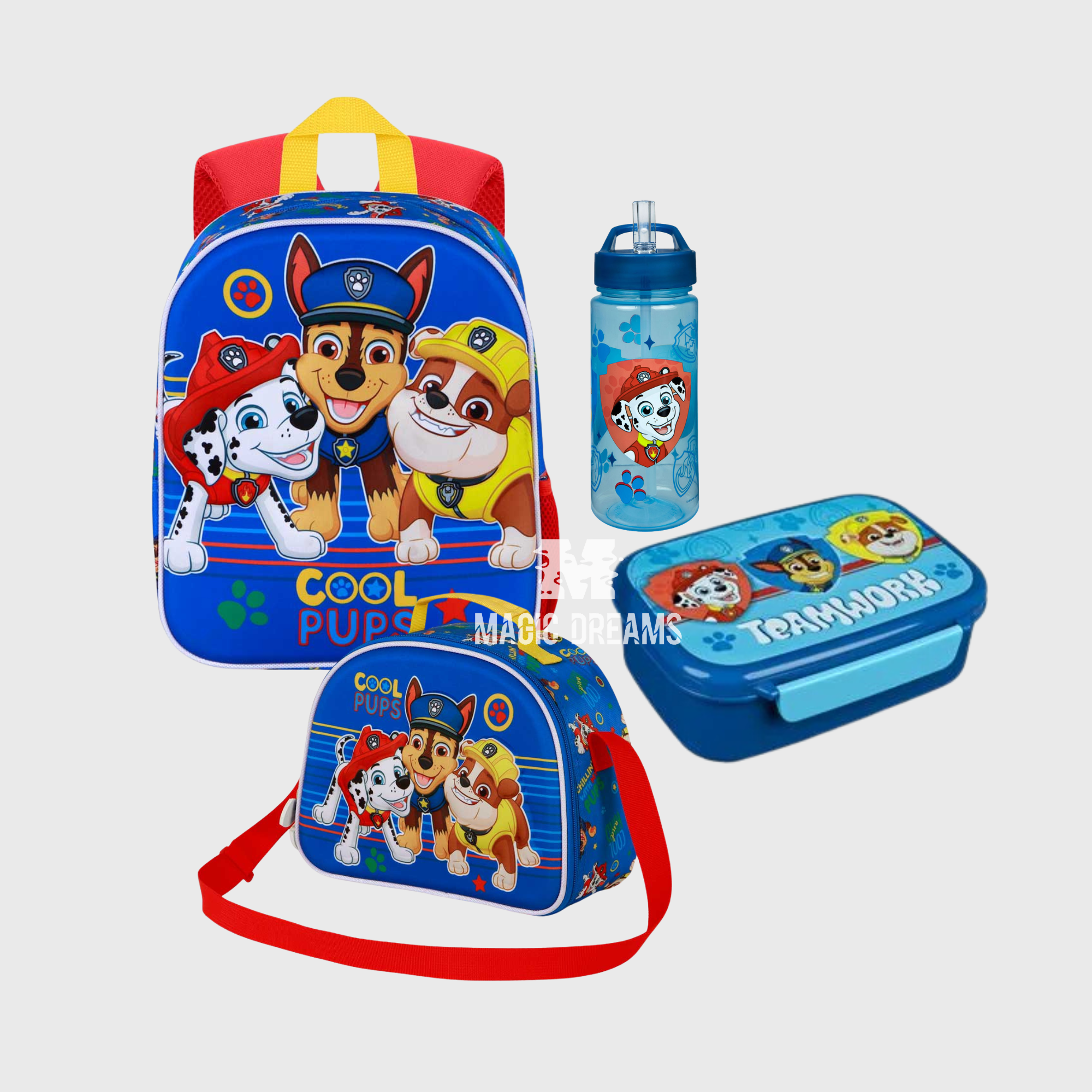 Conjunto Mochila Pré-Escolar 3D 31cm + Lancheira Térmica 3D Cool + Garrafa 500ml + Sanduicheira Patrulha Pata