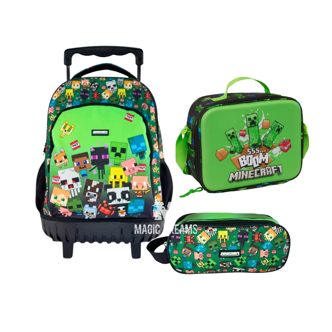 Conjunto de Mochila Escolar Trolley Minecraft 44cm + Estojo Duplo Characters + Lancheira Térmica Minecraft