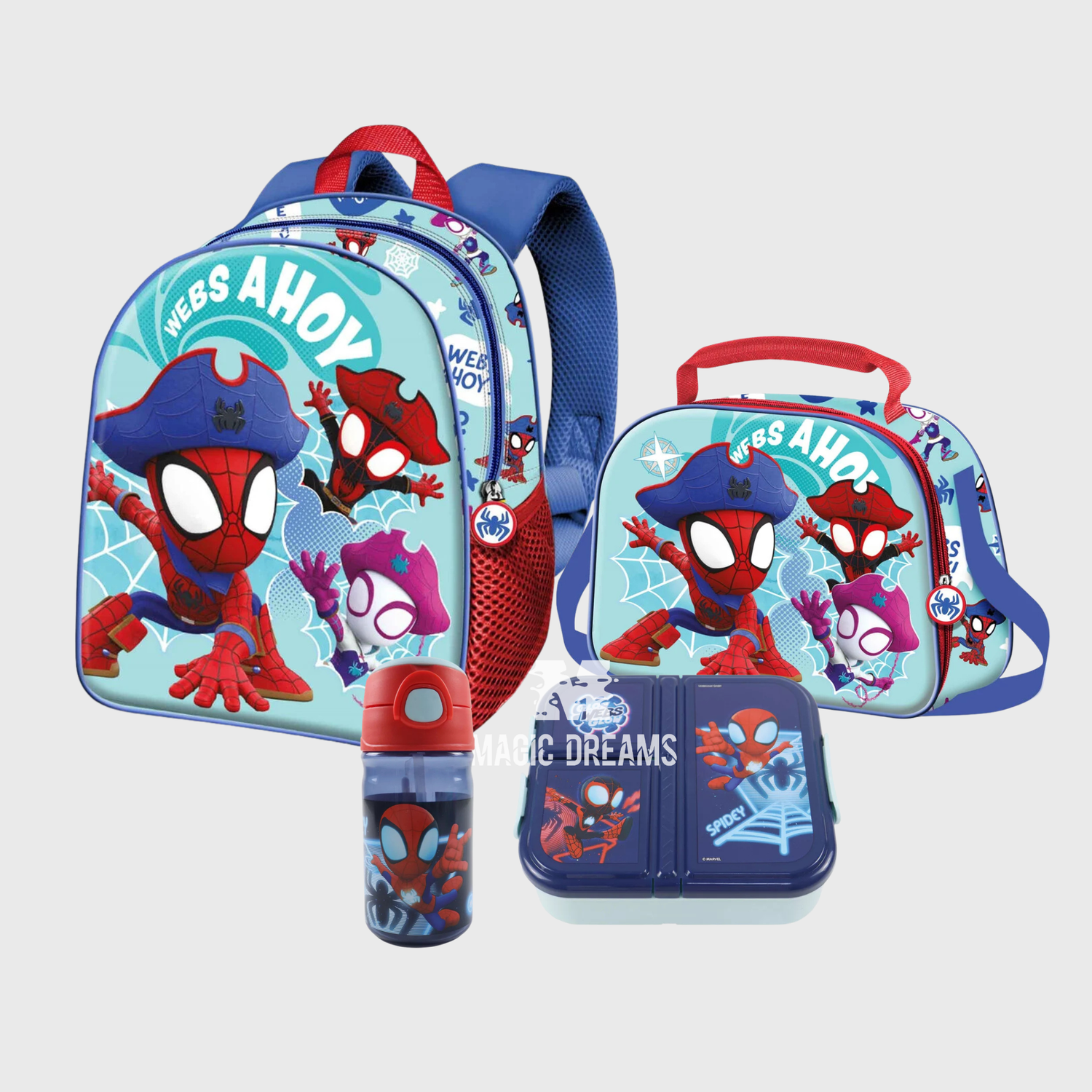 Conjunto de 4 Peças: Mochila Pré-Escolar 3D 31cm + Lancheira Térmica 3D Pirates + Garrafa Palhinha + Sanduicheira Tripla Spidey Spiderman Marvel