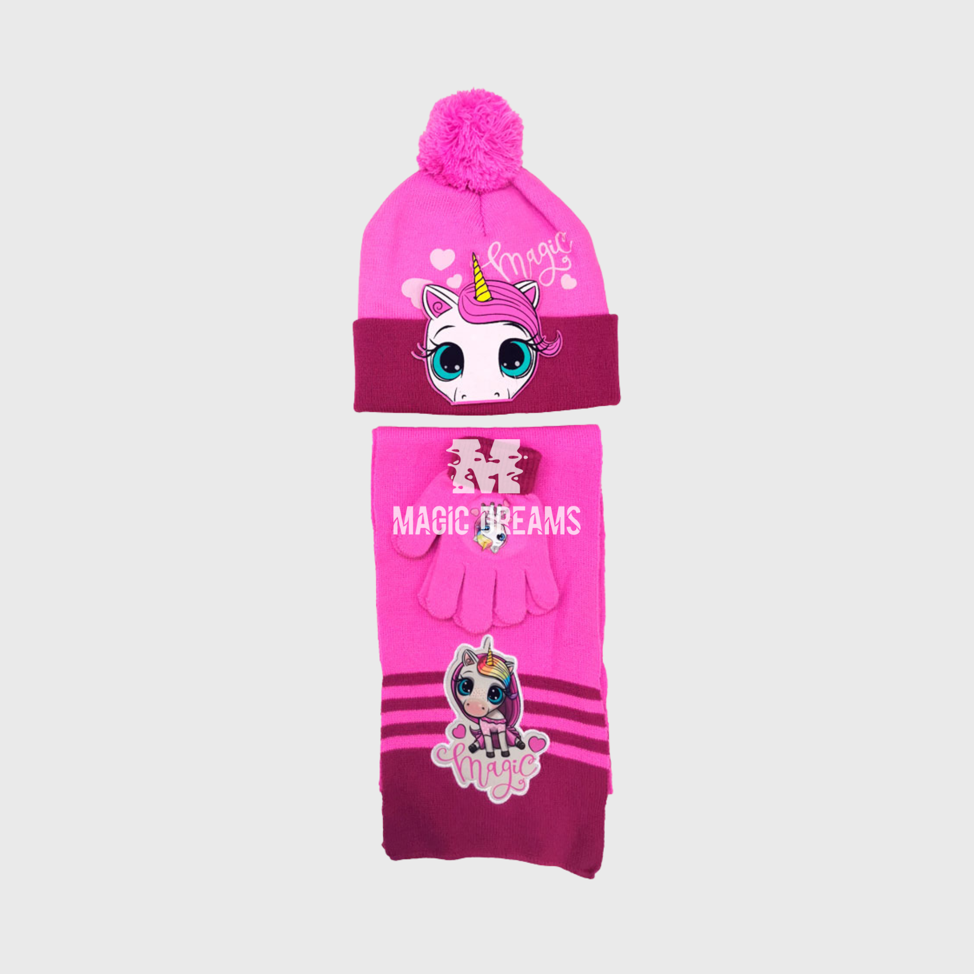 Conjunto de 3 Peças Gorro, Luvas e Cachecol Unicórnio