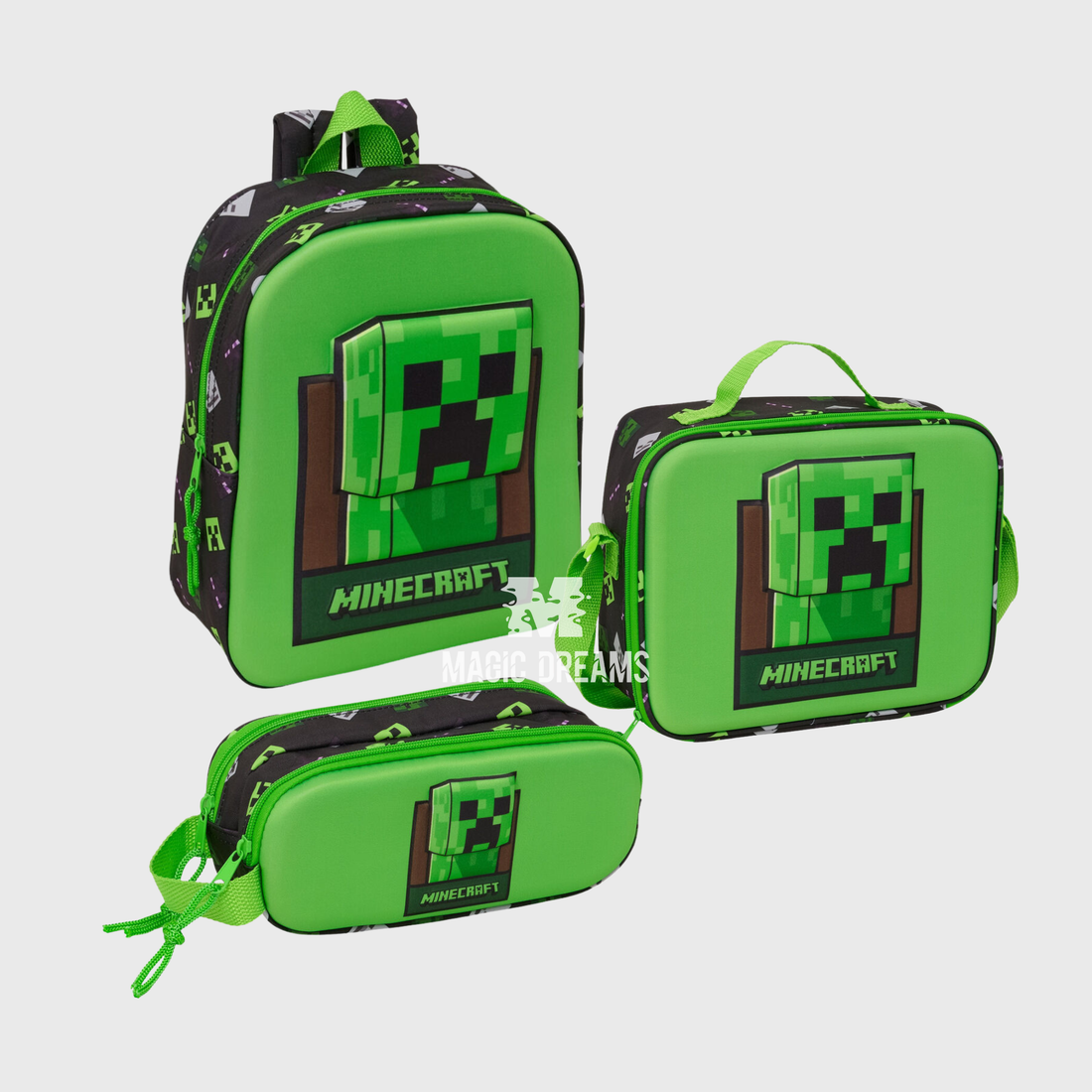 Conjunto de material escolar para creche do Minecraft com mochila de 27cm com face do Creeper em relevo 3D, lancheira térmica e estojo duplo a condizer