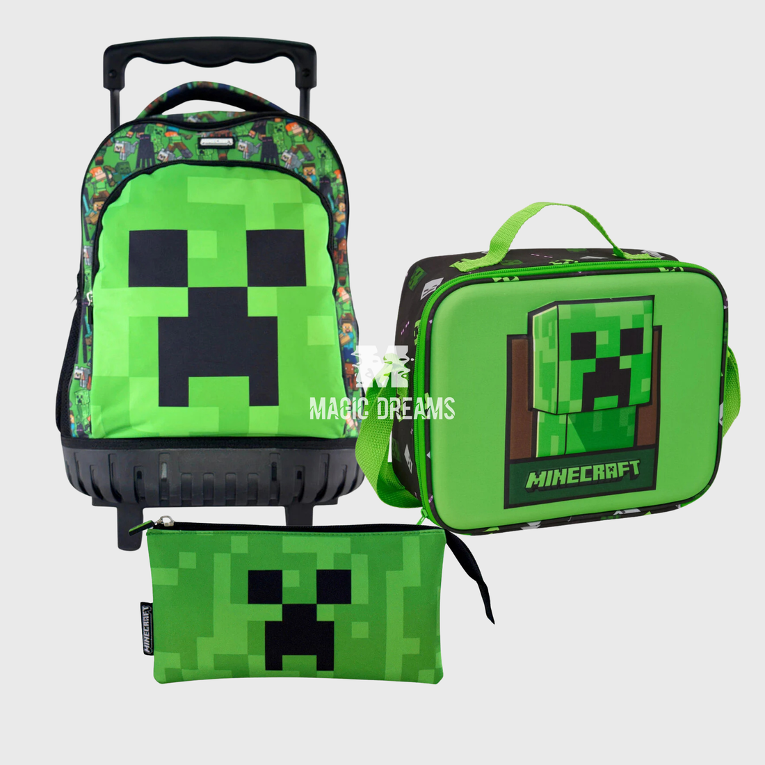 Conjunto Escolar Minecraft de 3 Peças: Mochila com Trolley 44cm + Estojo Triplo + Lancheira Térmica - Design Creeper
