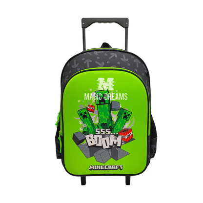 Conjunto Escolar Minecraft Completo 3 Peças: Mochila Trolley com Lancheira Térmica e Estojo Cilindrico Minecraft Verde