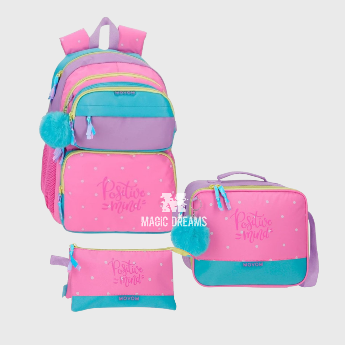 Conjunto Mochila Escolar 45cm Adaptável + Estojo triplo + Lancheira Térmica Movom Block Positive Mind