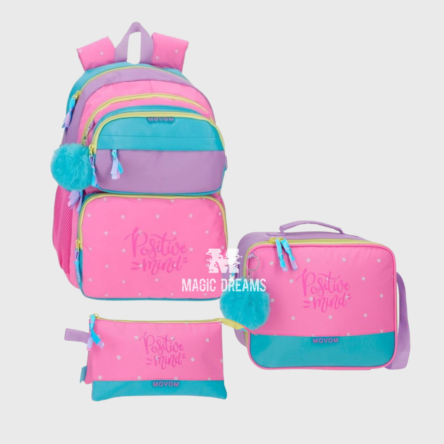 Conjunto Mochila Escolar 45cm Adaptável + Estojo triplo + Lancheira Térmica Movom Block Positive Mind