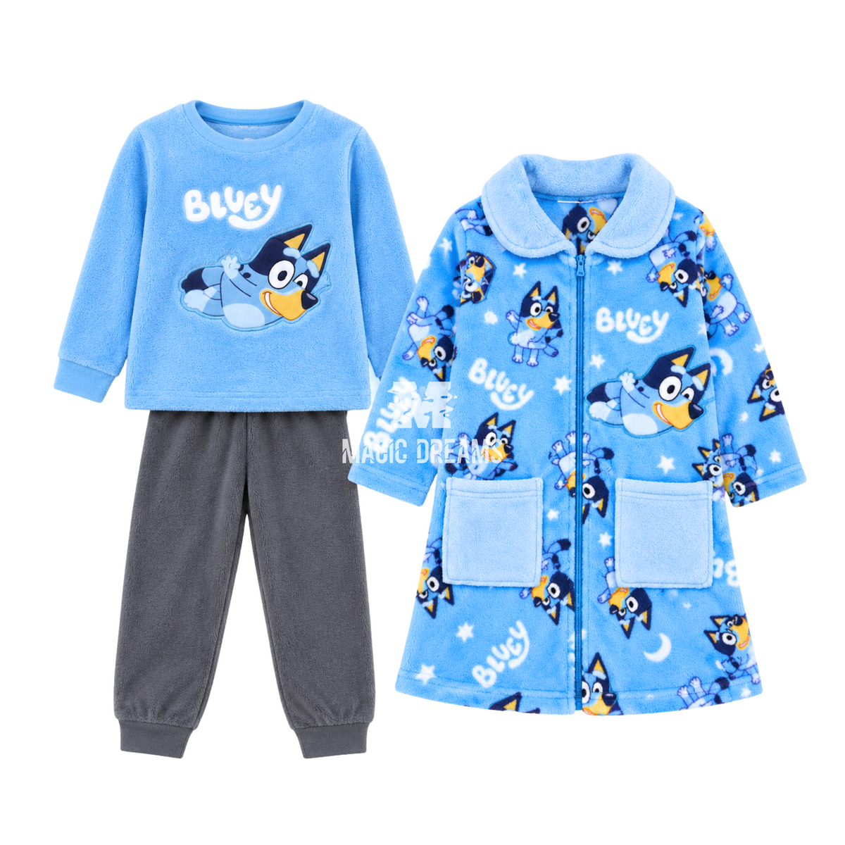 Box Dia do Pijama - Pijama em Coralina Bluey + Robe Coralina Bluey e Bingo para Menino