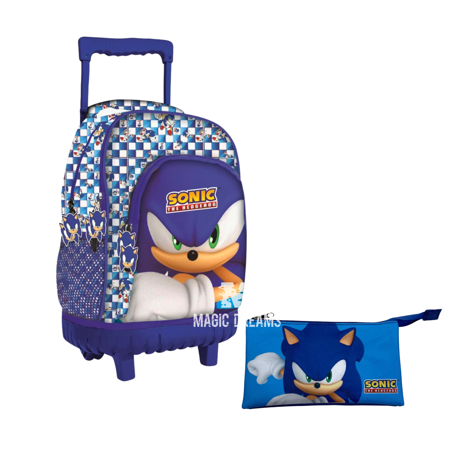 Conjunto de Mochila Escolar Trolley Modern Sonic 44cm + Estojo Triplo Sonic the Hedgehog