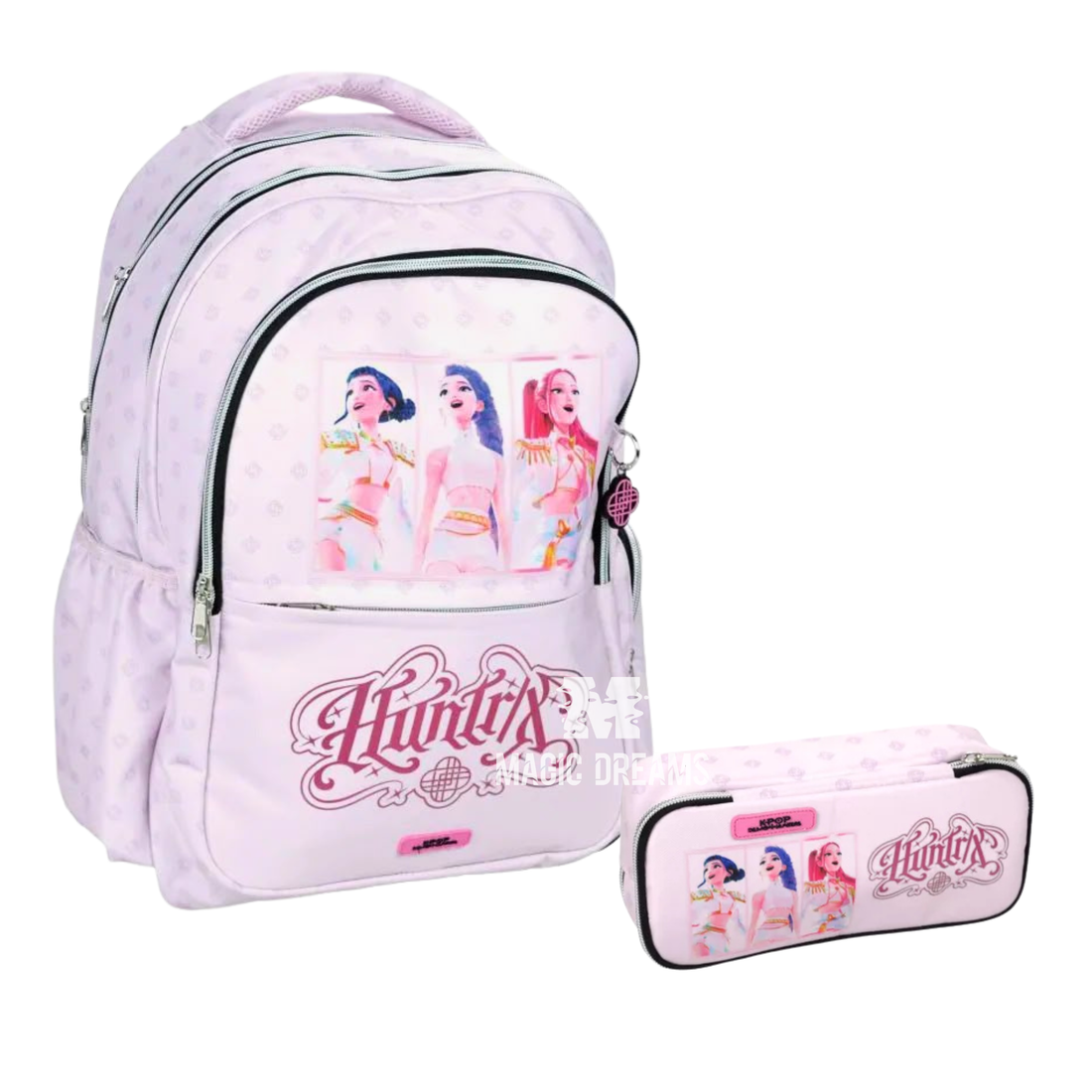 Conjunto de Mochila Escolar 46cm + Estojo Duplo Guerreiras do K-Pop Demon Hunters Rosa