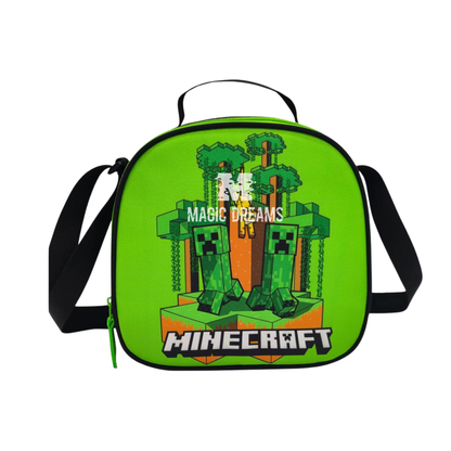 Conjunto Escolar Minecraft Completo 3 Peças: Mochila Trolley com Lancheira Térmica e Estojo Cilindrico Minecraft Verde
