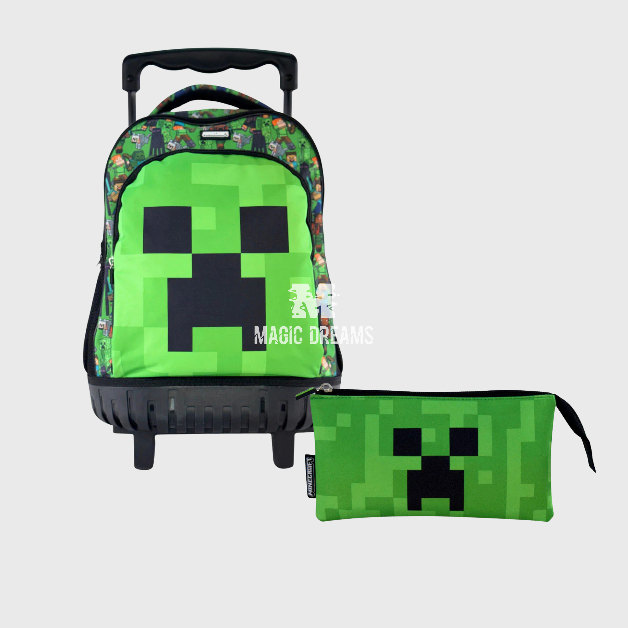 Conjunto de Mochila Escolar Trolley Minecraft 44cm + Estojo Triplo