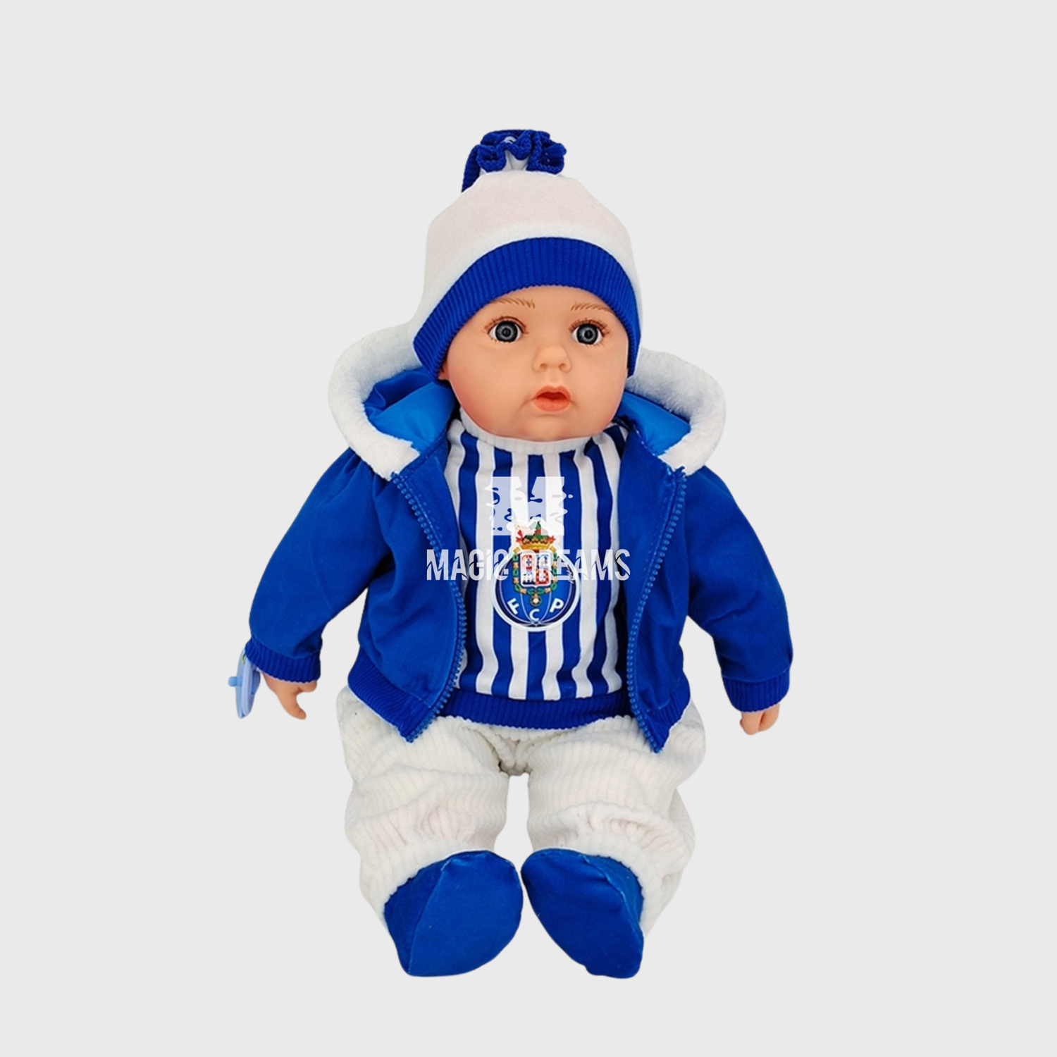 Boneco Bebé Realista Roupa Gorro FC Porto 50cm com som