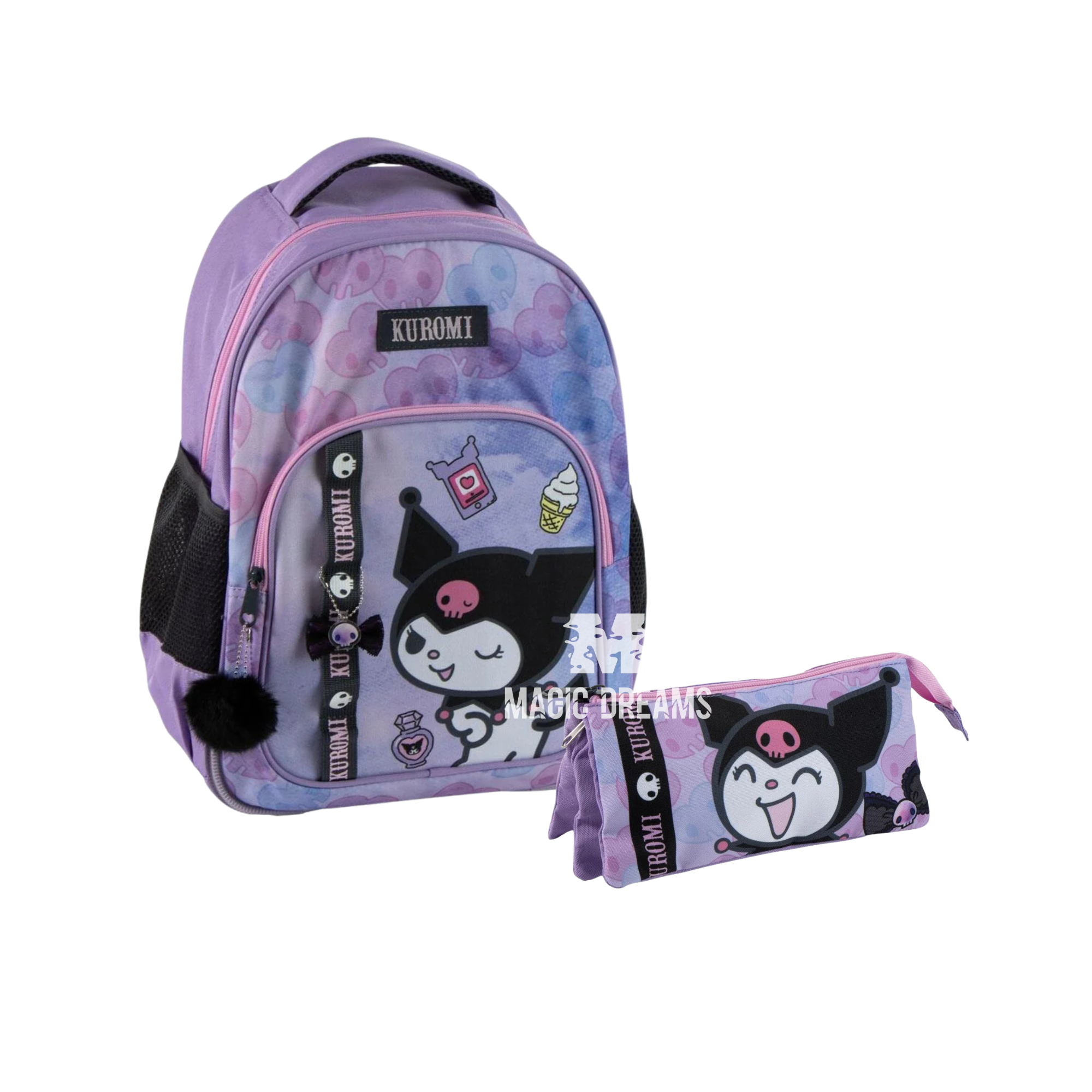 Conjunto Escolar Mochila Kuromi 42cm Adaptável + Estojo Triplo Hello Kitty