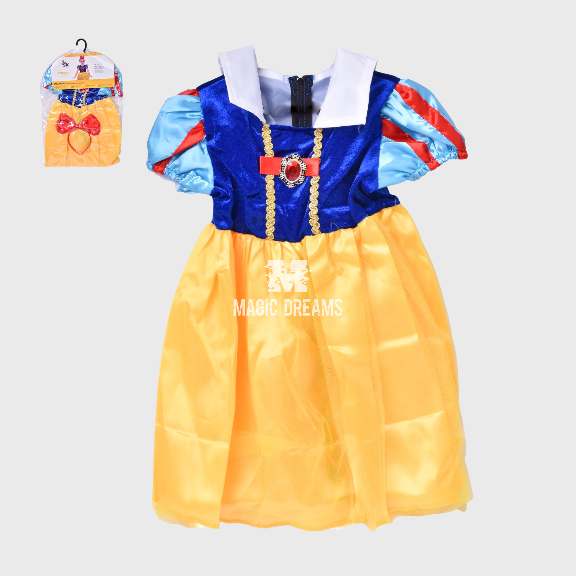 Fato Disfarce Vestido e Bandolete Inspiração Branca de Neve