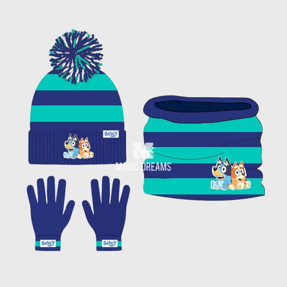 Conjunto de 3 Peças Gorro, Luvas e Gola Bluey e Bingo