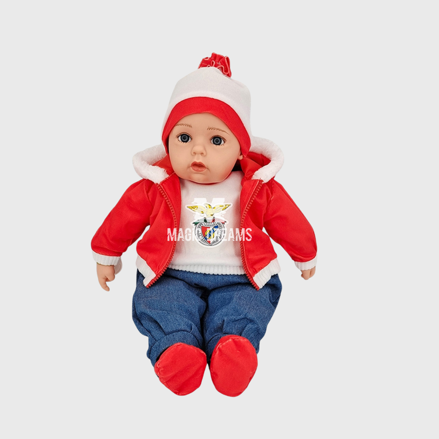 Boneco Bebé Realista Roupa Gorro SL Benfica 50cm com som