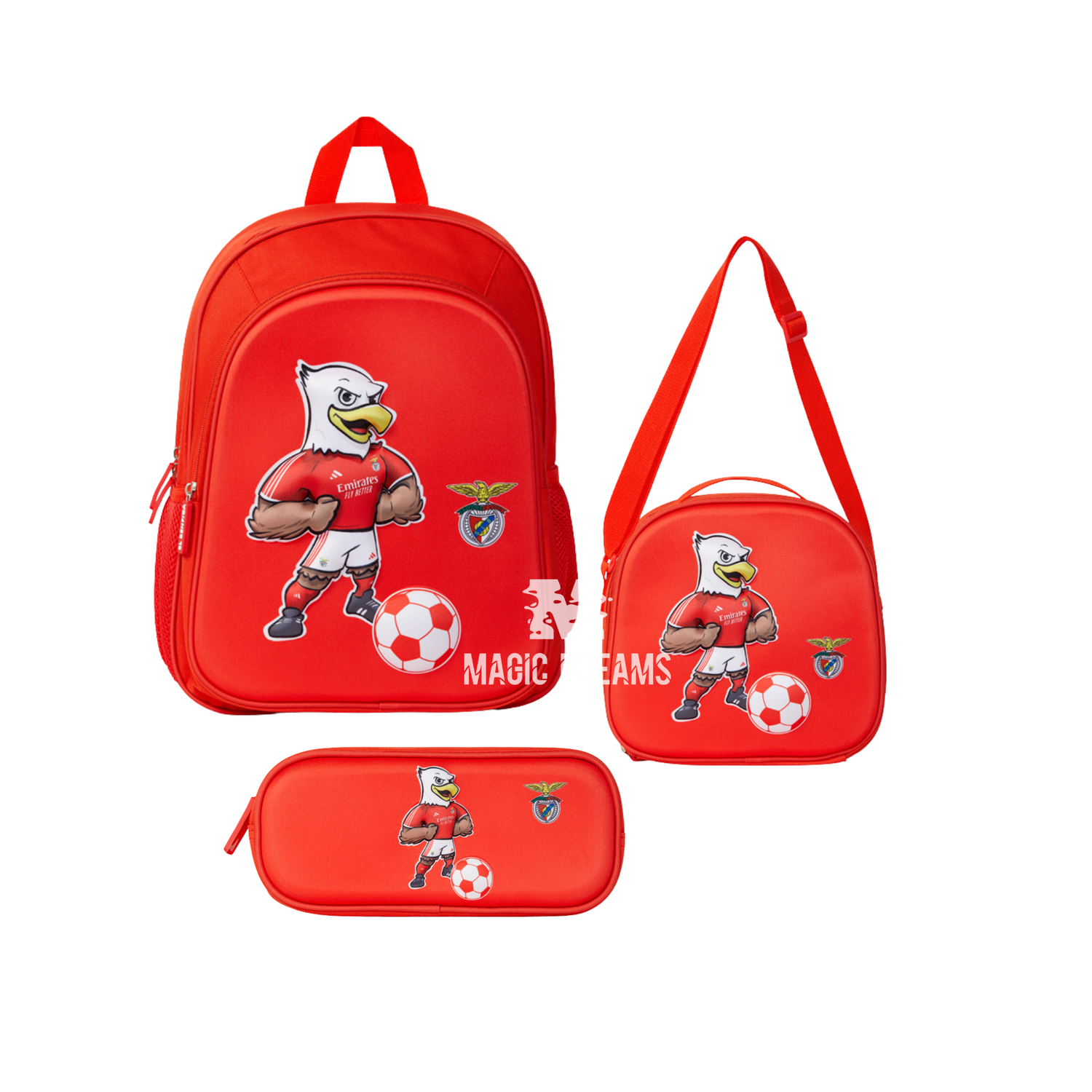 Conjunto Escolar Mochila 3D 39cm Àguia Vitória + Lancheira Térmica + Estojo Simples SL Benfica
