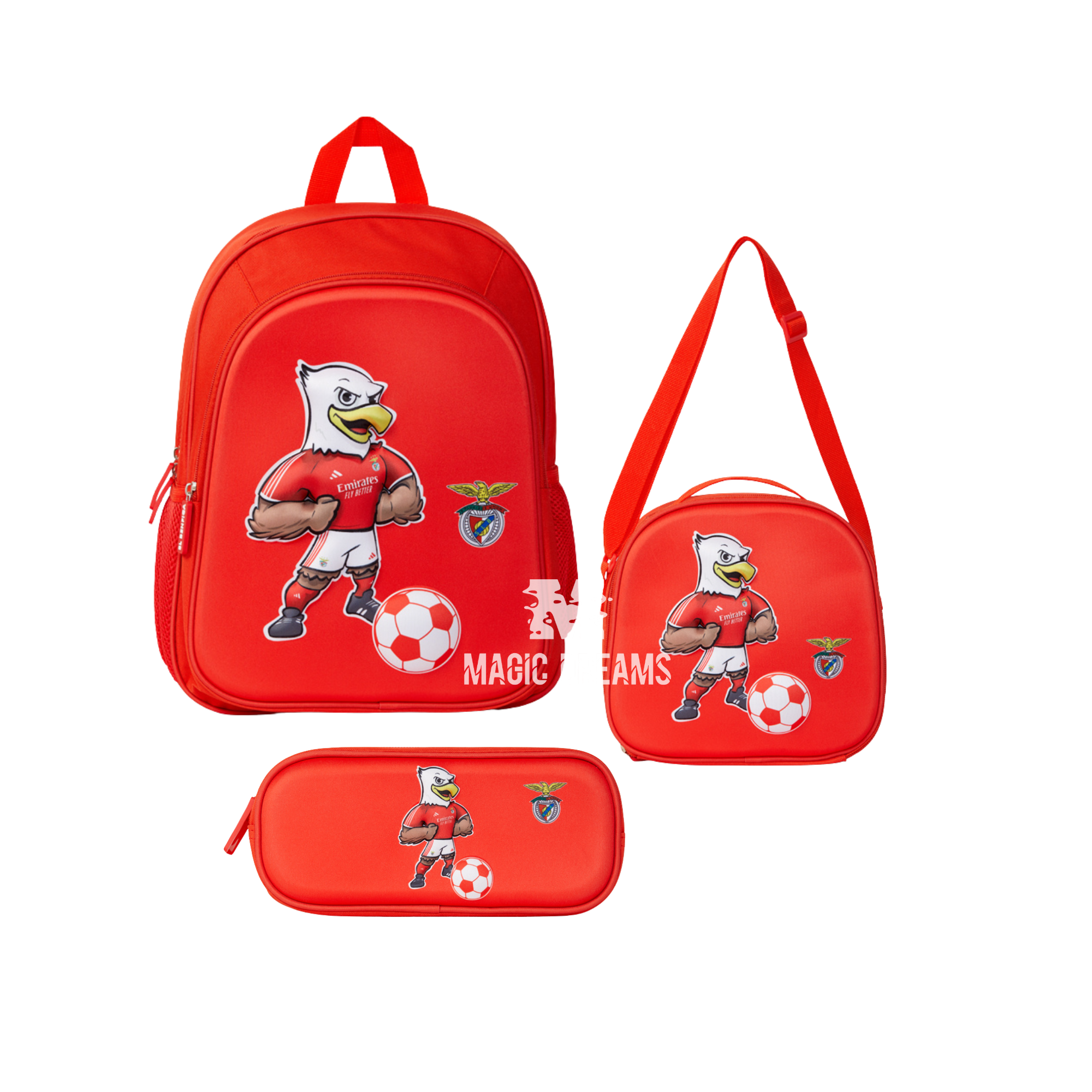 Conjunto Escolar Mochila 3D 39cm Àguia Vitória + Lancheira Térmica + Estojo Simples SL Benfica