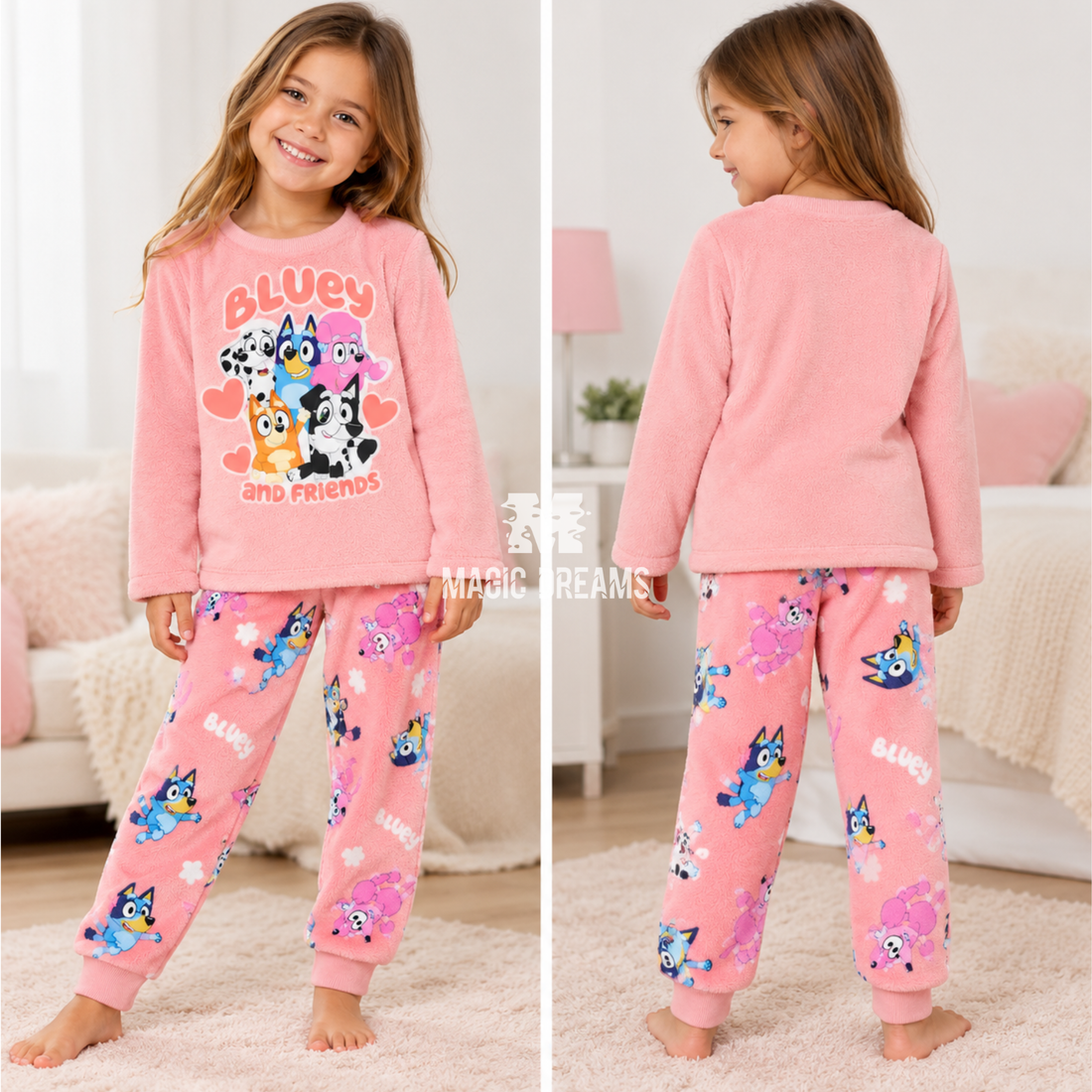 Pijama em Coralina Longo Bluey e Bingo para Criança 3-6 anos