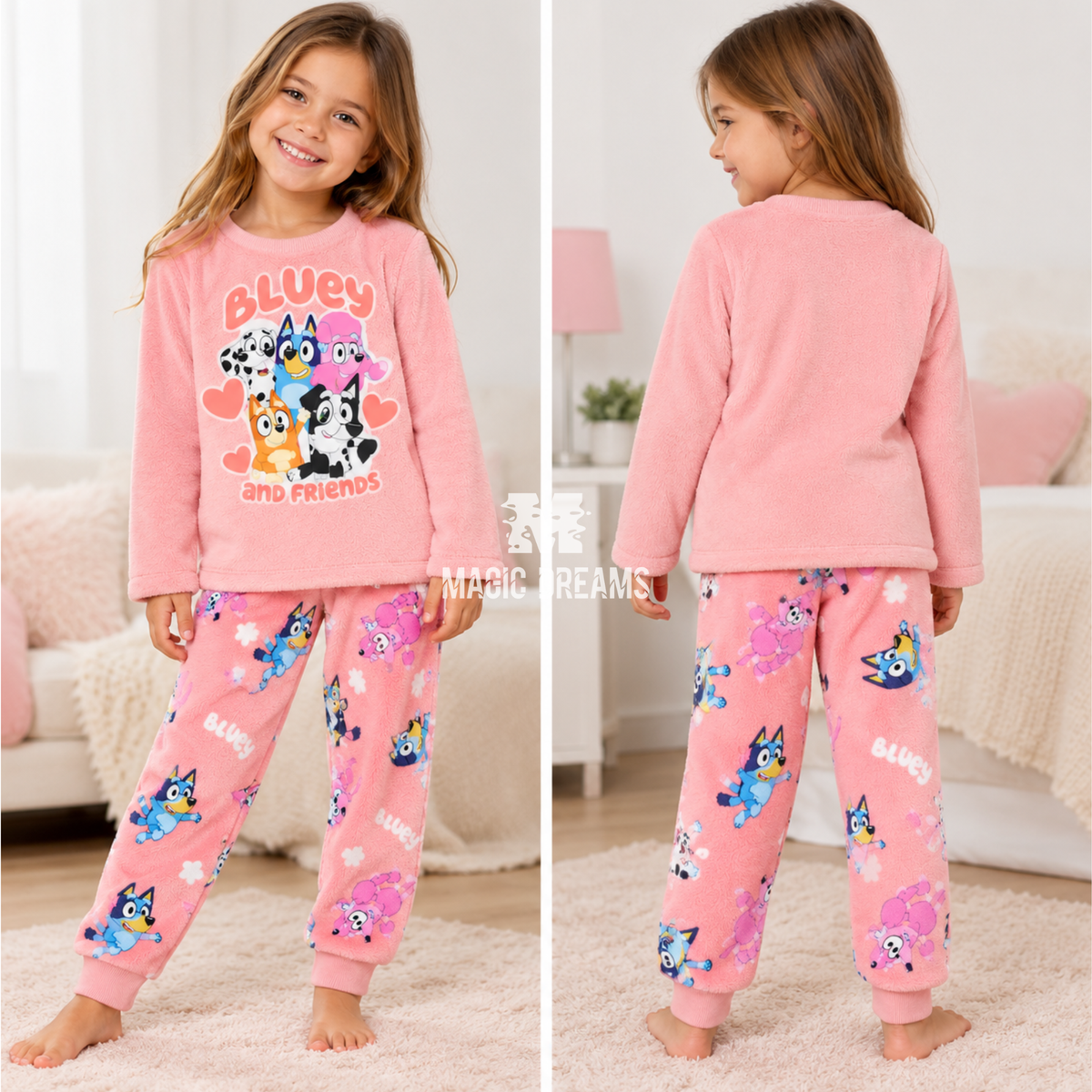 Pijama em Coralina Longo Bluey e Bingo para Criança 3-6 anos