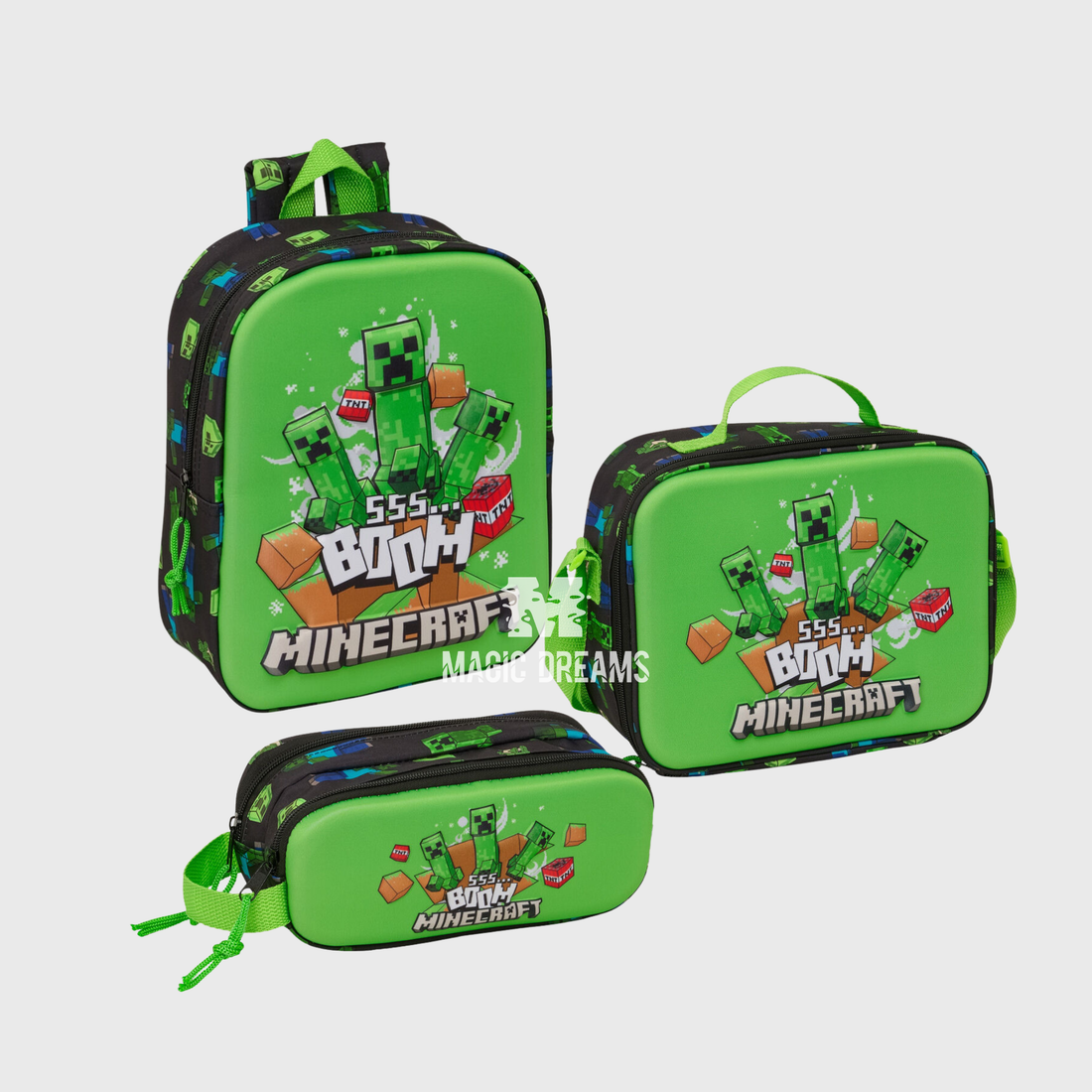 Conjunto para creche e jardim de infância do Minecraft com mochila 3D de 27cm, lancheira térmica a condizer e estojo duplo verde e preto da coleção Boom