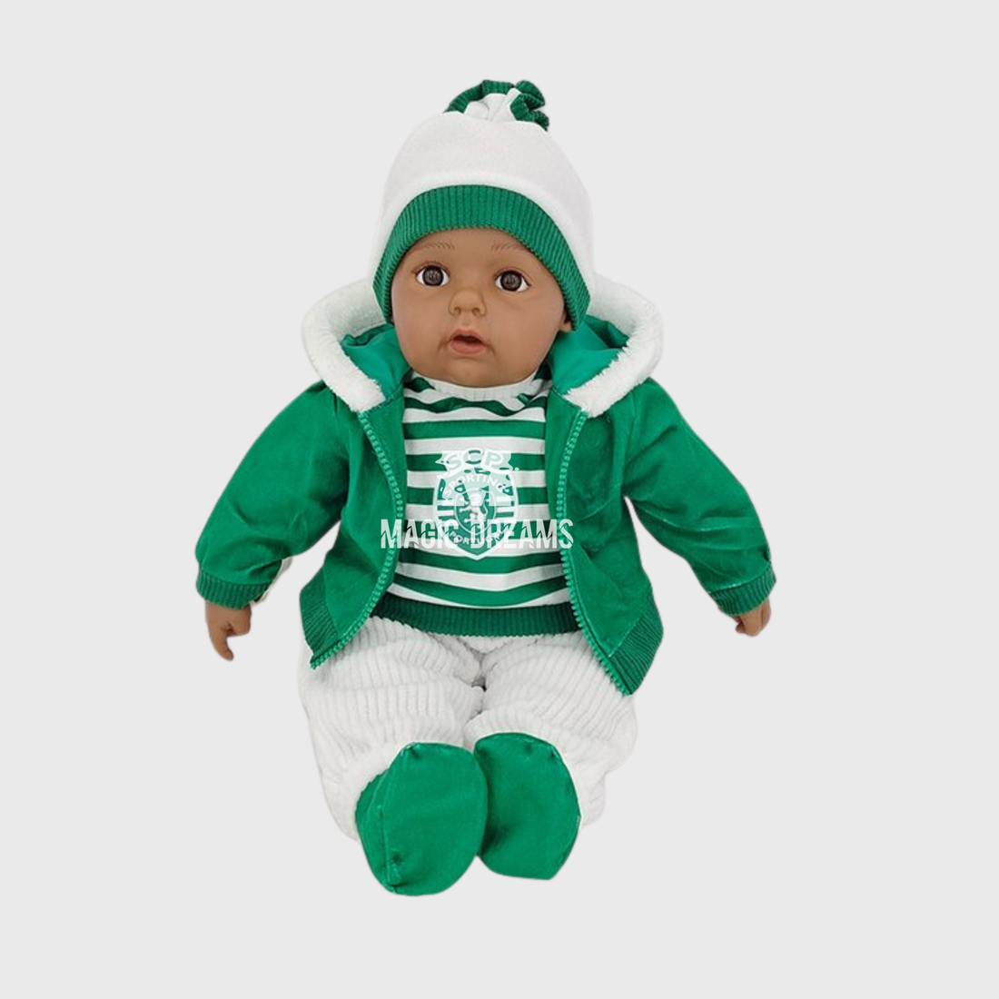 Boneco Bebé Realista Roupa Gorro Sporting CP 50cm com som