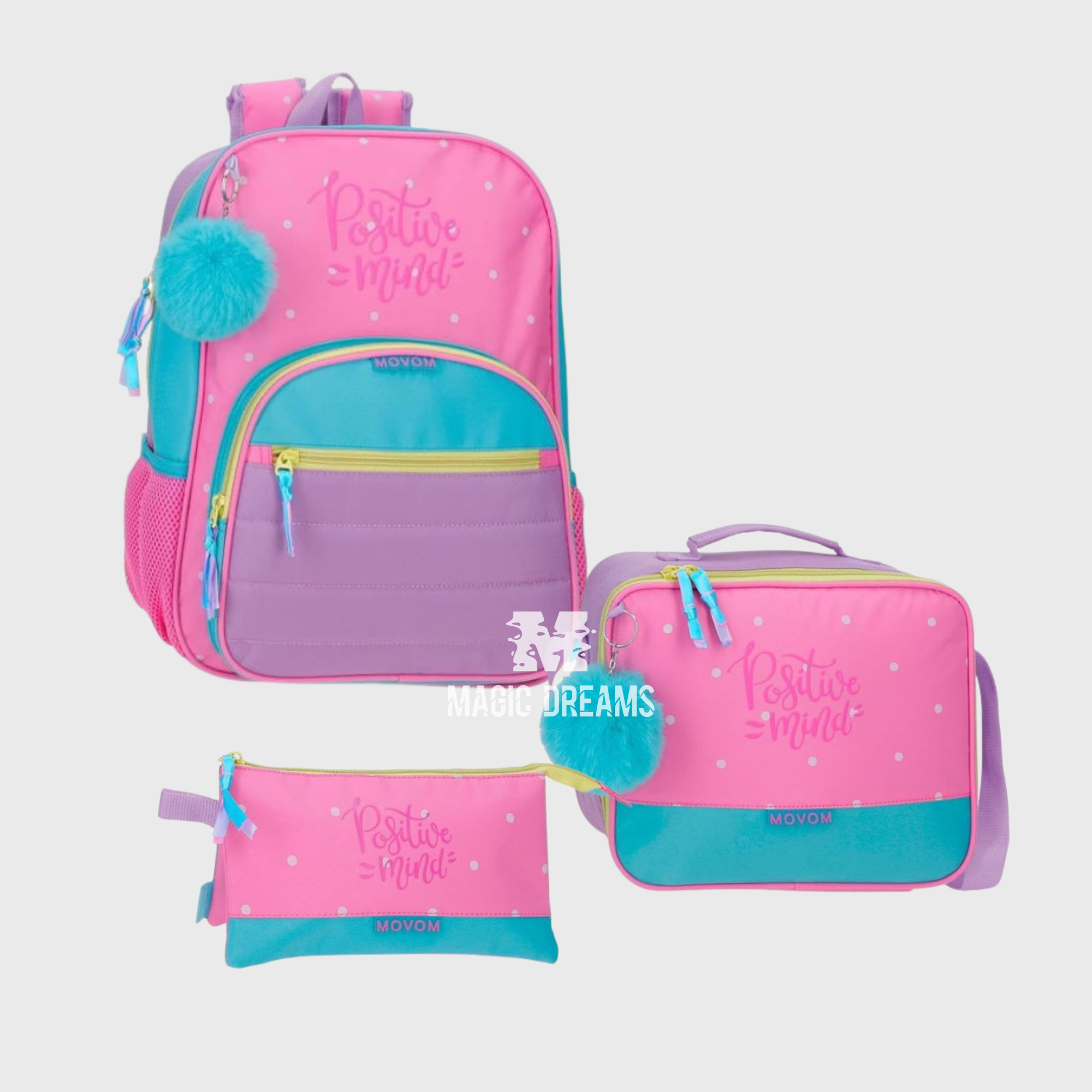 Conjunto Mochila Escolar 38cm Adaptável + Estojo triplo + Lancheira Térmica Movom Block Positive Mind