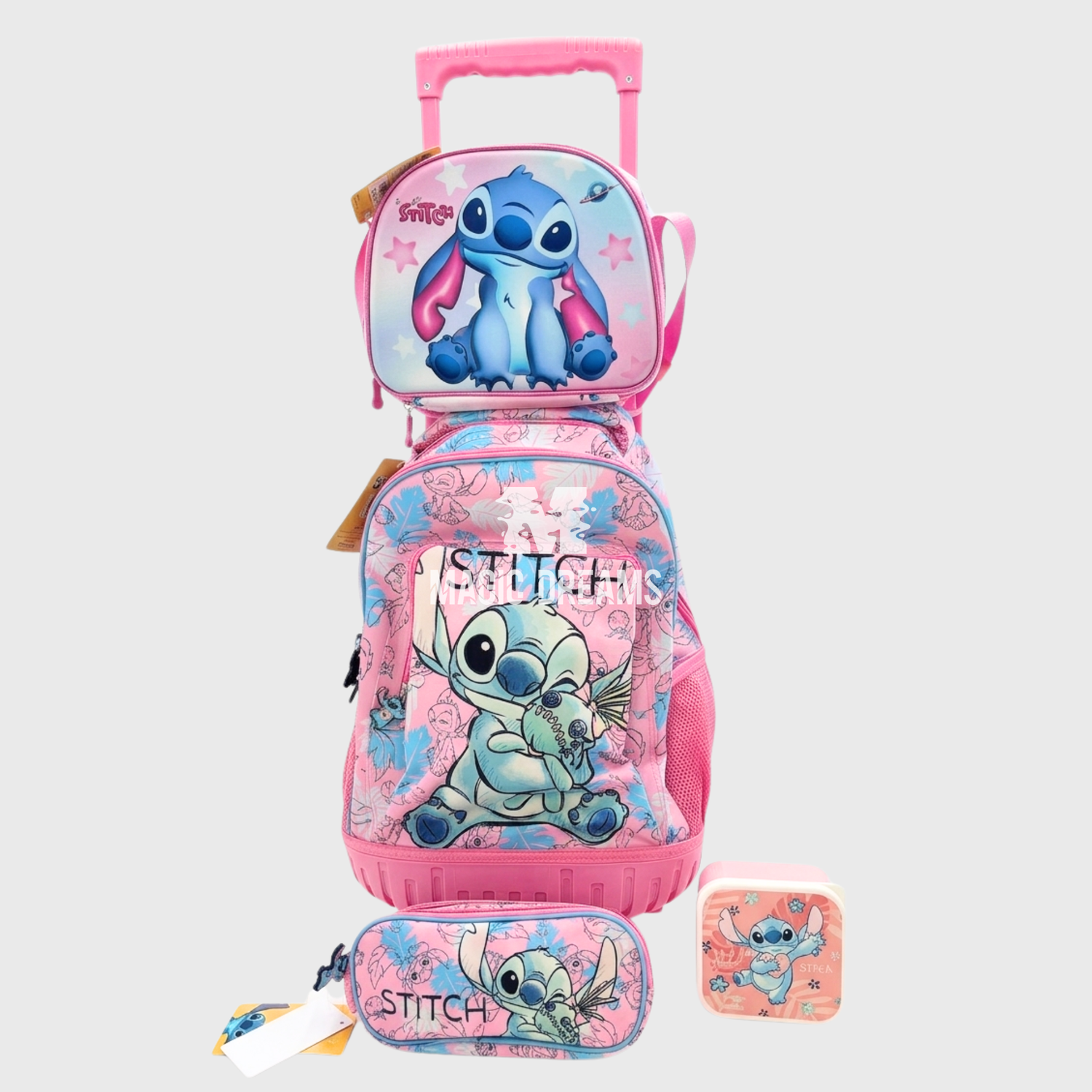 Conjunto de Mochila Escolar Trolley Stitch 44cm + Lancheira Térmica + Conjunto de 3 Sanduicheiras
