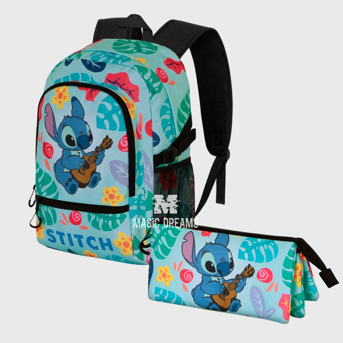 Conjunto Escolar Mochila Adaptável Stitch Guitar 44cm + Estojo triplo