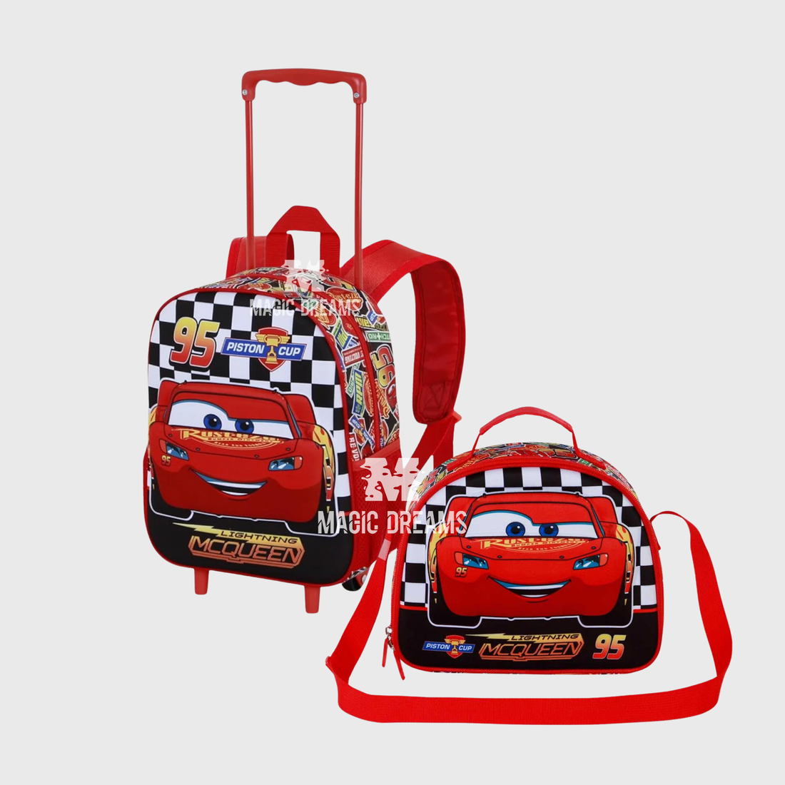 Conjunto Pré-Escolar Trolley Mochila 3D 32cm + Lancheira Térmica Racer Cars 3 Disney Pixar