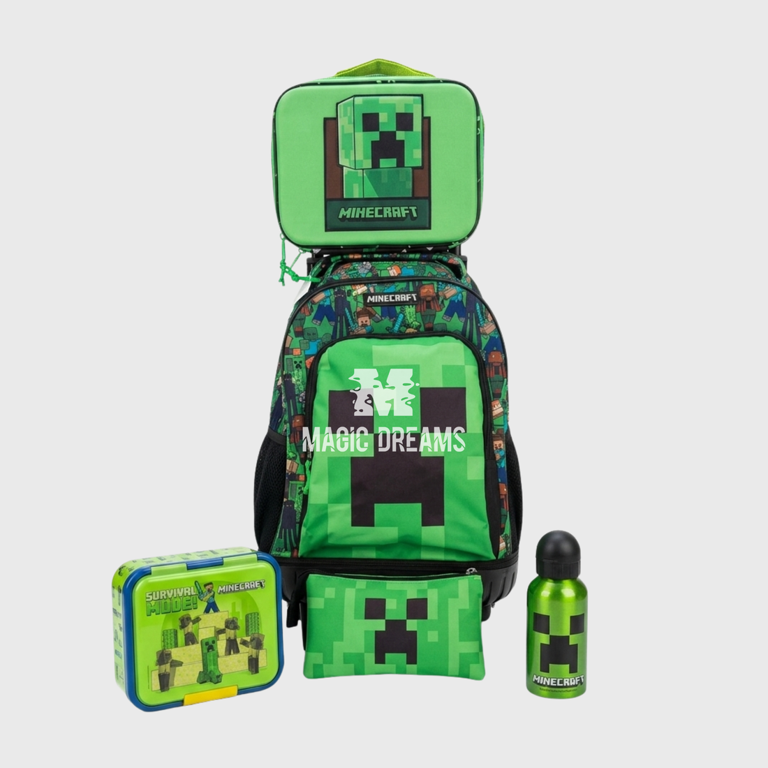 Conjunto Escolar Minecraft Completo 5 Peças: Mochila com Trolley 44cm + Lancheira + Estojo + Garrafa + Sanduicheira Tripla - Minecraft Face