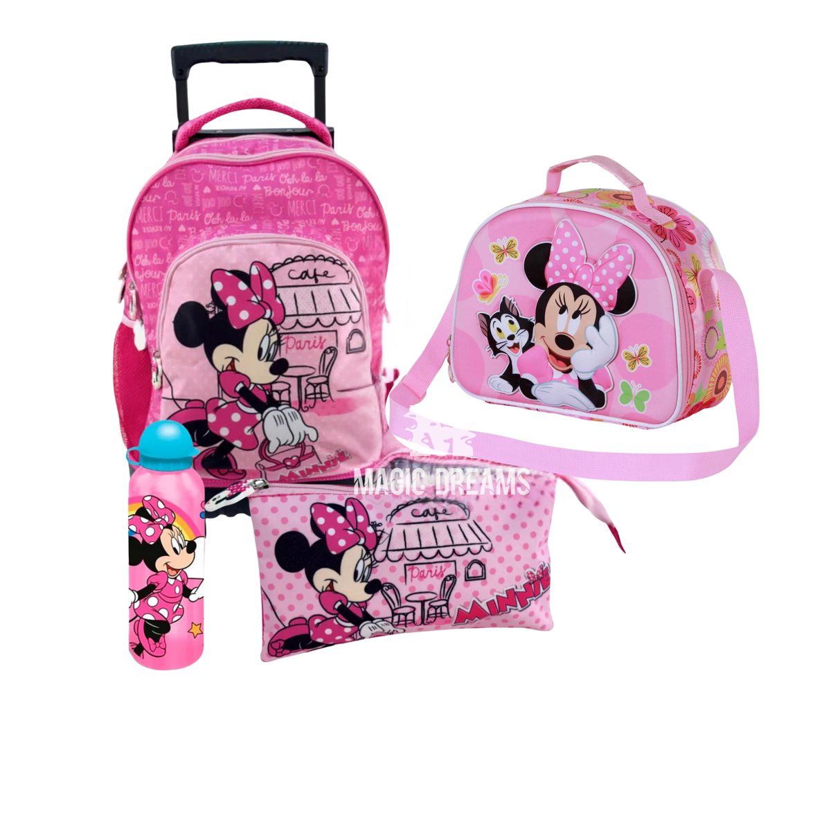 Conjunto de 4 Peças Mochila Escolar Trolley + Estojo Triplo + Lancheira Térmica + Garrafa Alumínio Paris Minnie Mouse