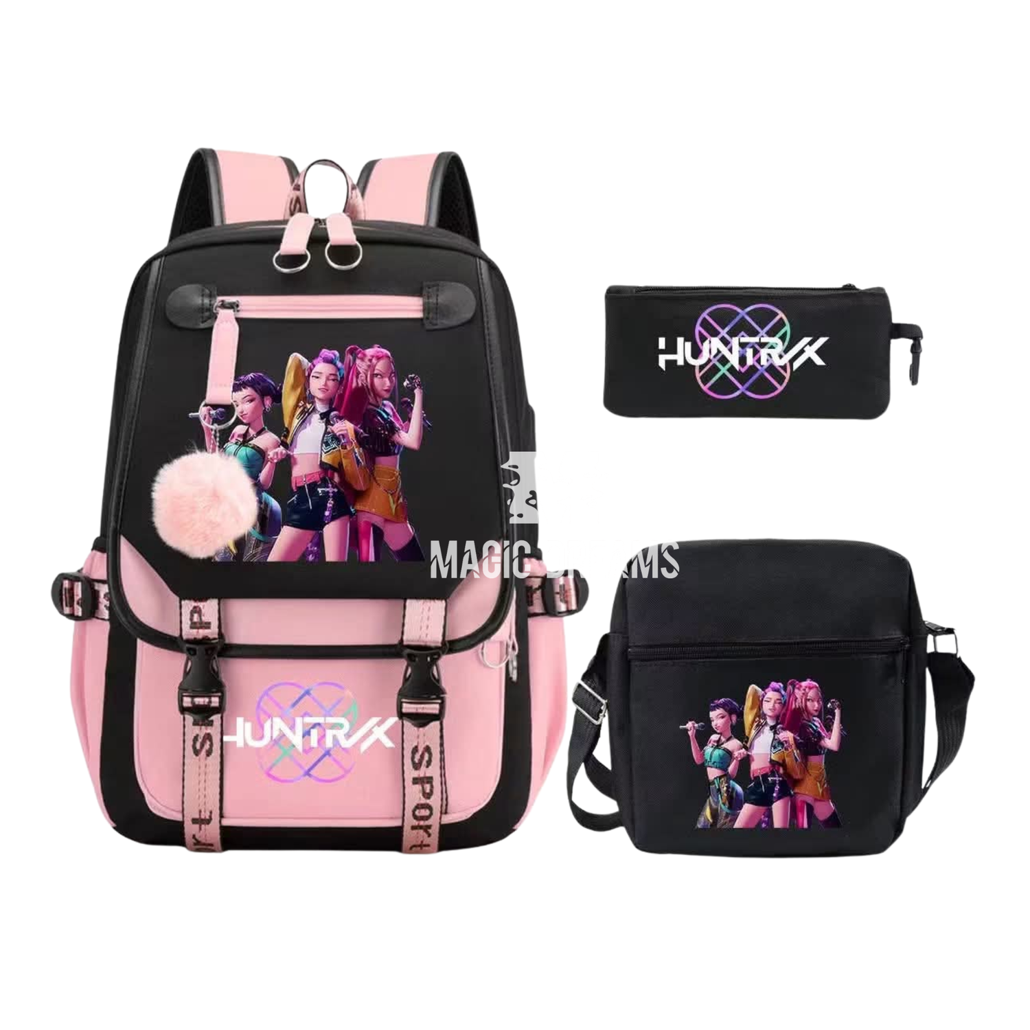 Conjunto de Mochila Escolar com Estojo Simples e Lancheira das Guerreiras do K-Pop