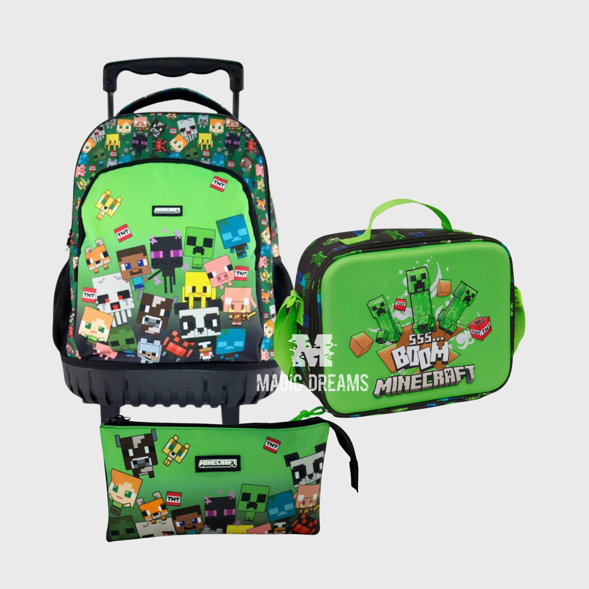 Conjunto de Mochila Escolar Trolley Minecraft 44cm + Estojo Triplo + Lancheira Térmica Boom
