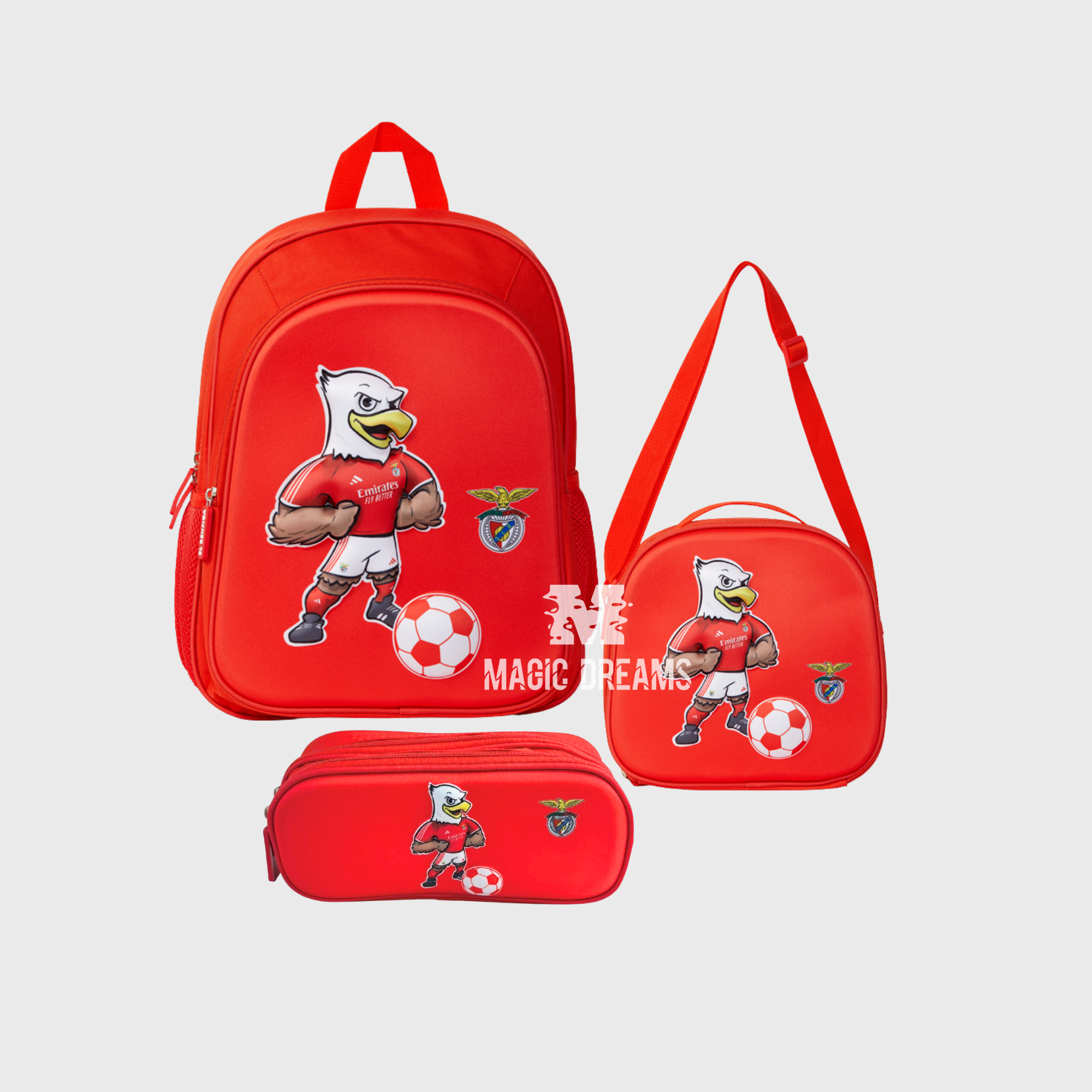 Conjunto Escolar Mochila 3D 39cm Àguia Vitória + Lancheira Térmica + Estojo Duplo SL Benfica
