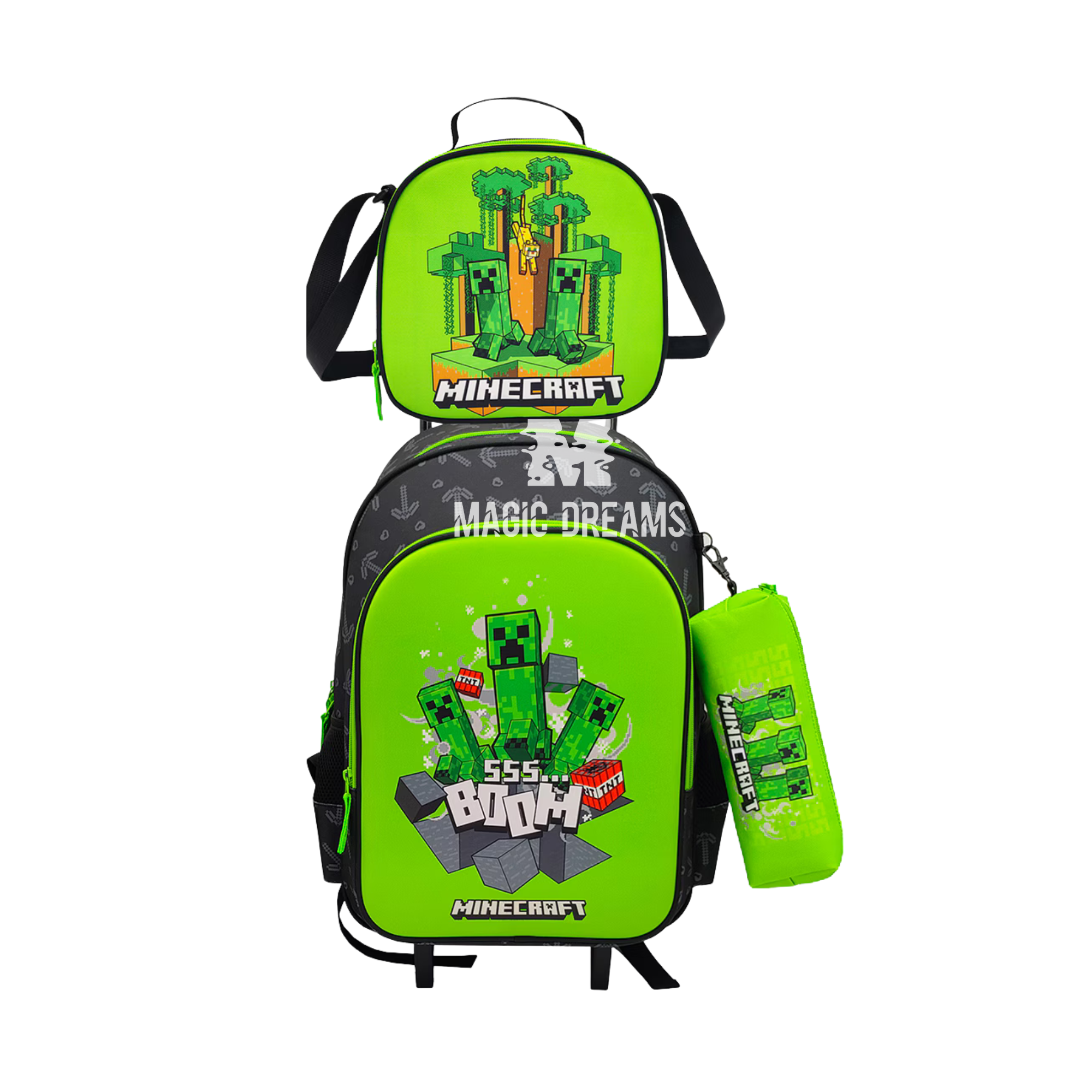 Conjunto Escolar Minecraft Completo 3 Peças: Mochila Trolley com Lancheira Térmica e Estojo Cilindrico Minecraft Verde