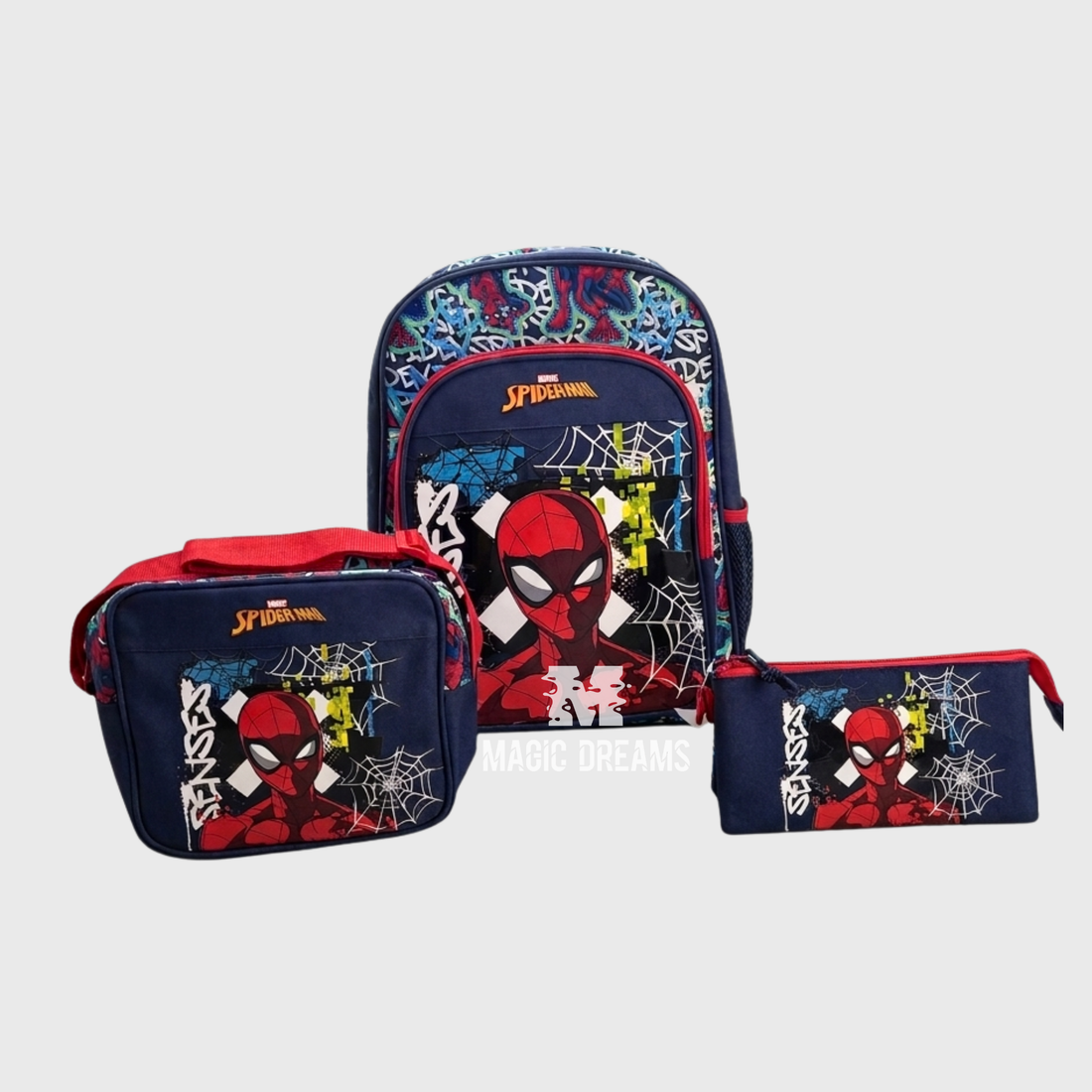Conjunto Escolar Mochila Adaptável 40cm + Estojo Triplo + Lancheira Térmica Grafity Of Spiderman