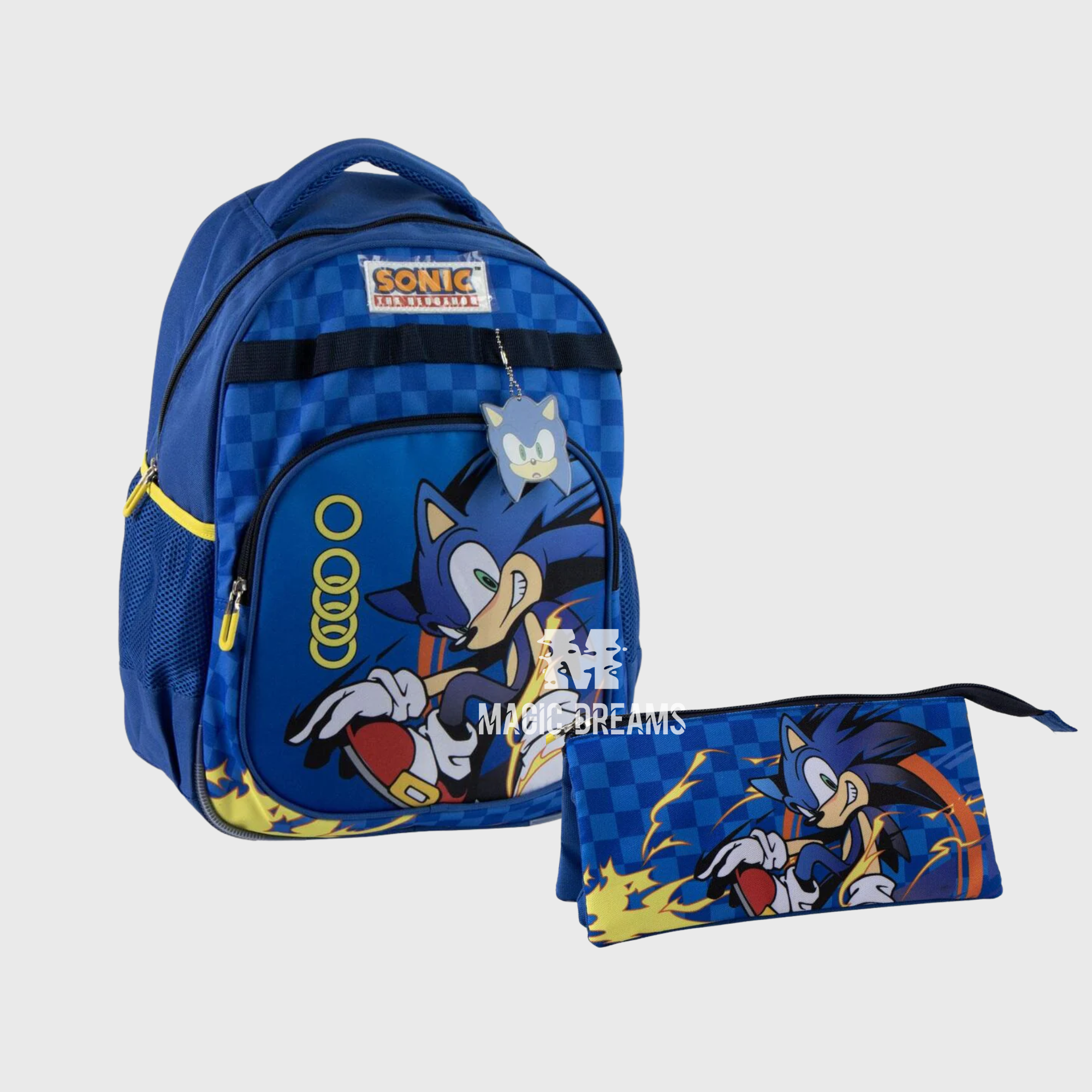 Conjunto escolar azul do Sonic the Hedgehog com mochila adaptável a trolley de 42cm e estojo triplo com fechos pretos