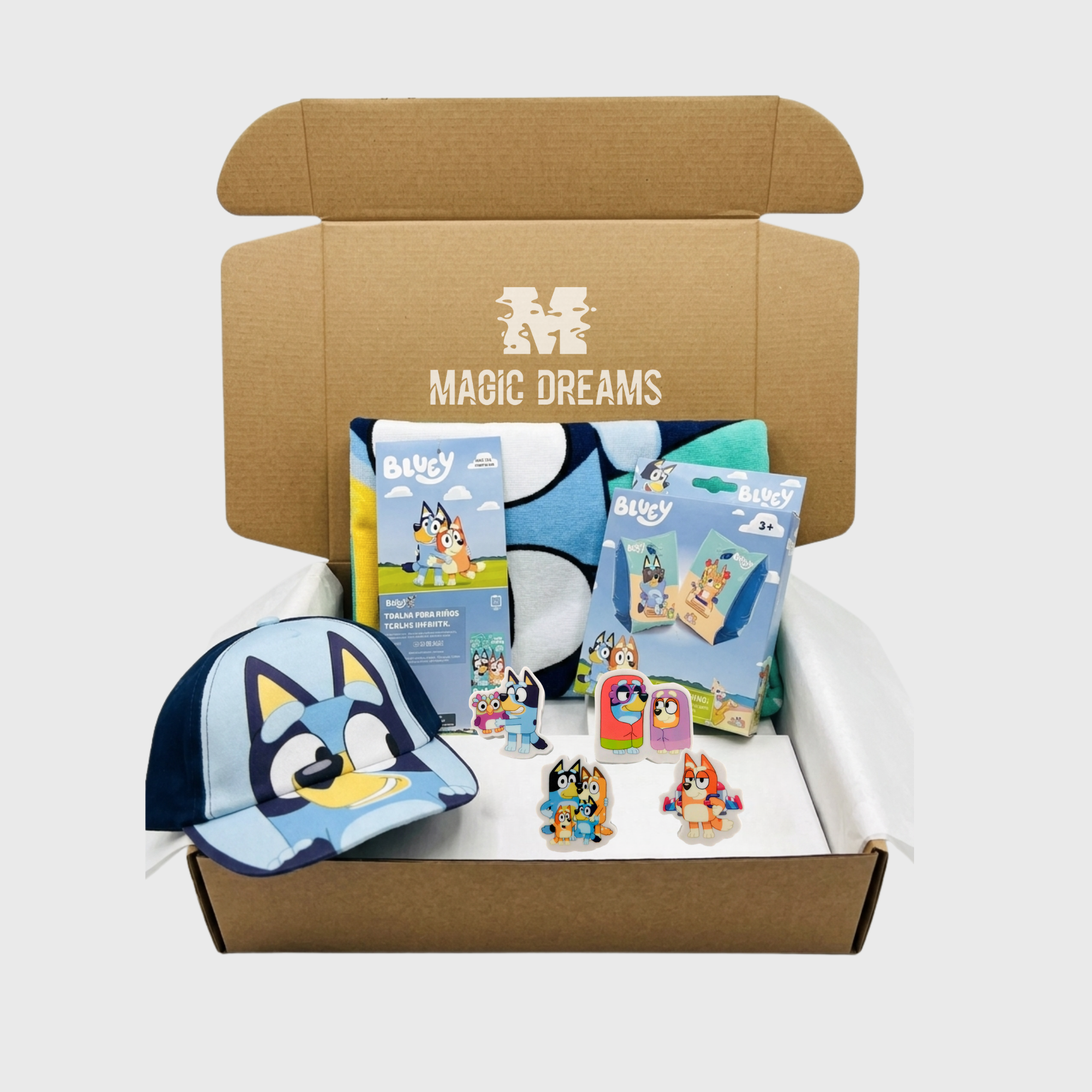 Box Dia da Criança Bluey e Bingo com toalha boné e acessórios