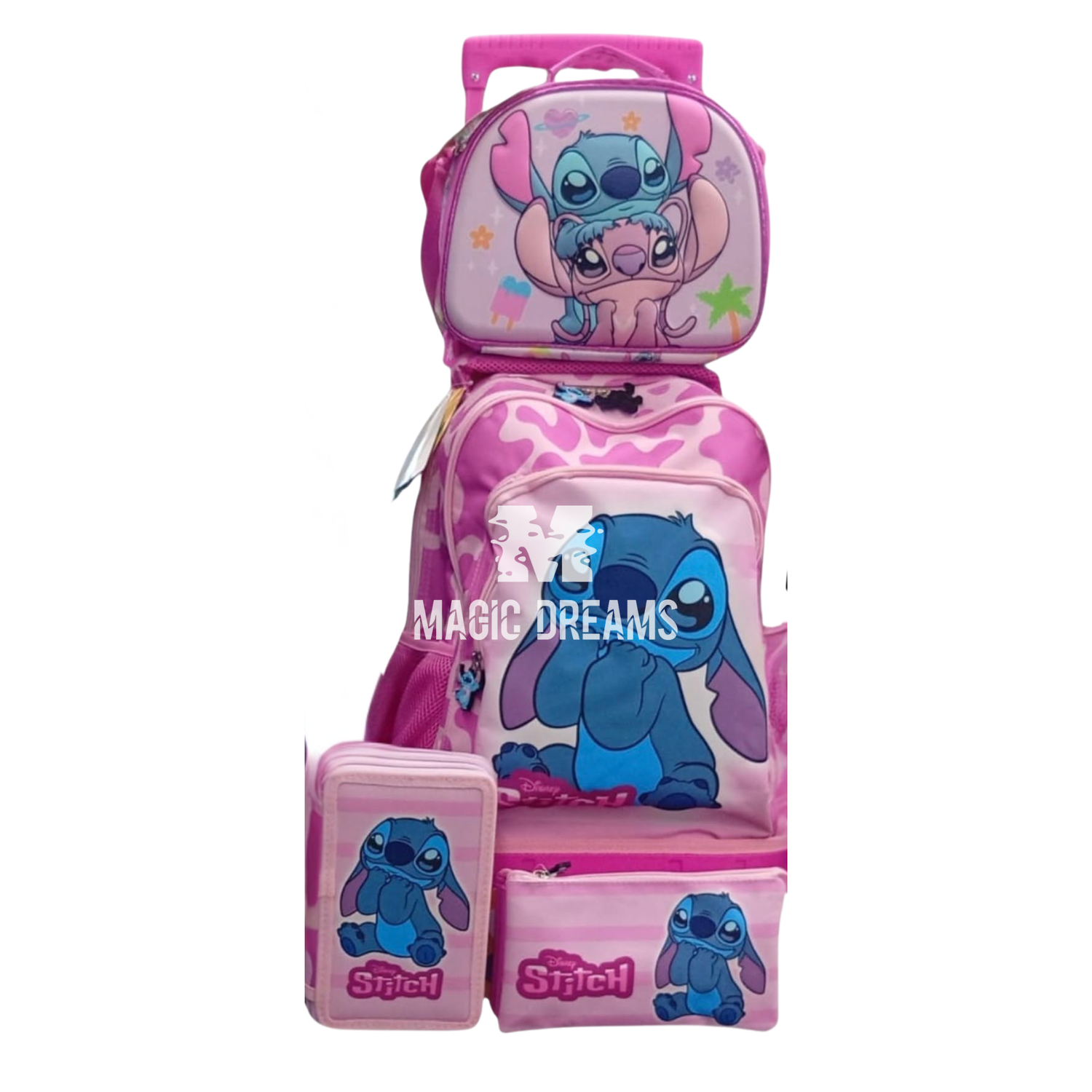 Conjunto de Mochila Escolar Trolley Stitch 44cm + Estojo Triplo + Estojo Triplo com Material Escolar + Lancheira Térmica Stitch e Angel