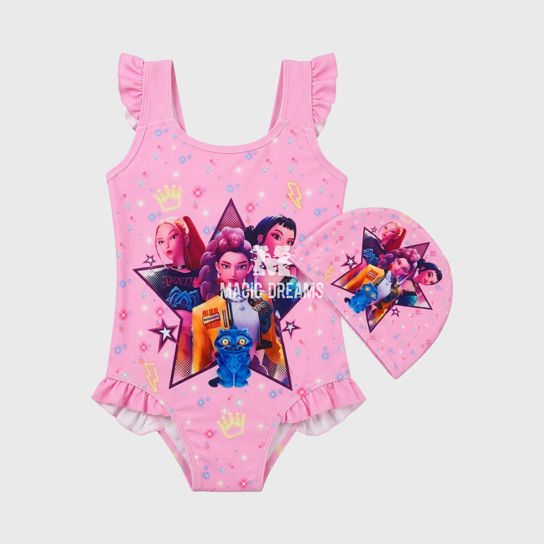 Fato de Banho Guerreiras do K-Pop com Touca Rosa