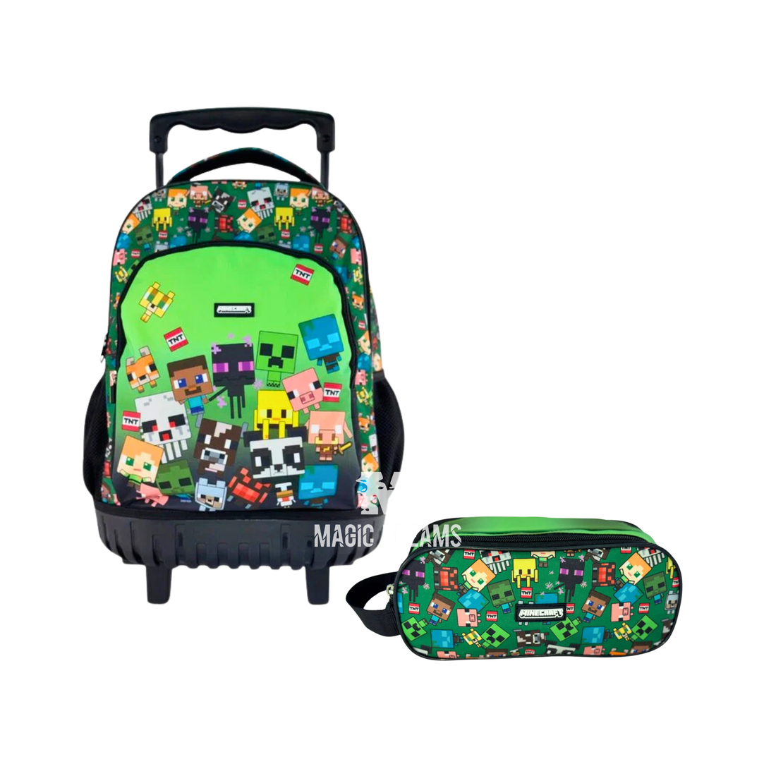 Conjunto de Mochila Escolar Trolley Minecraft 44cm + Estojo Duplo Characters Minecraft