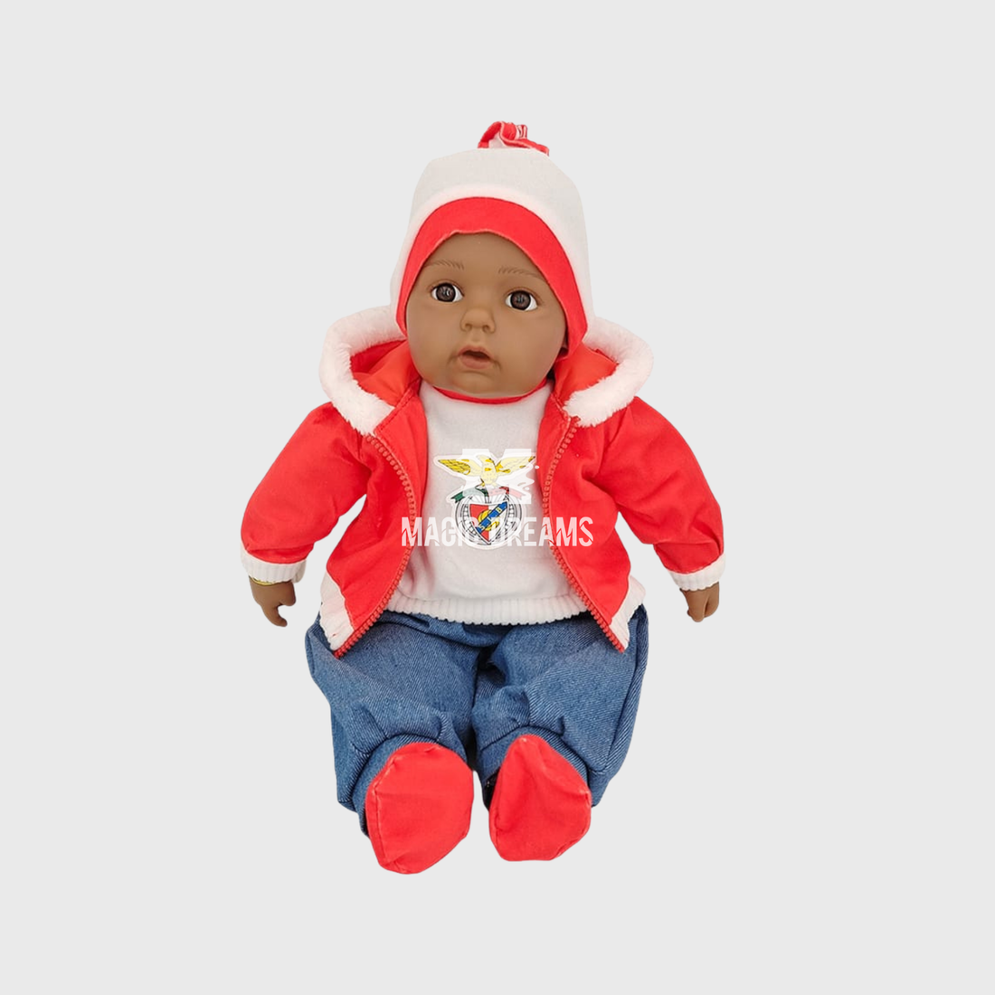 Boneco Bebé Realista Roupa Gorro SL Benfica 50cm com som
