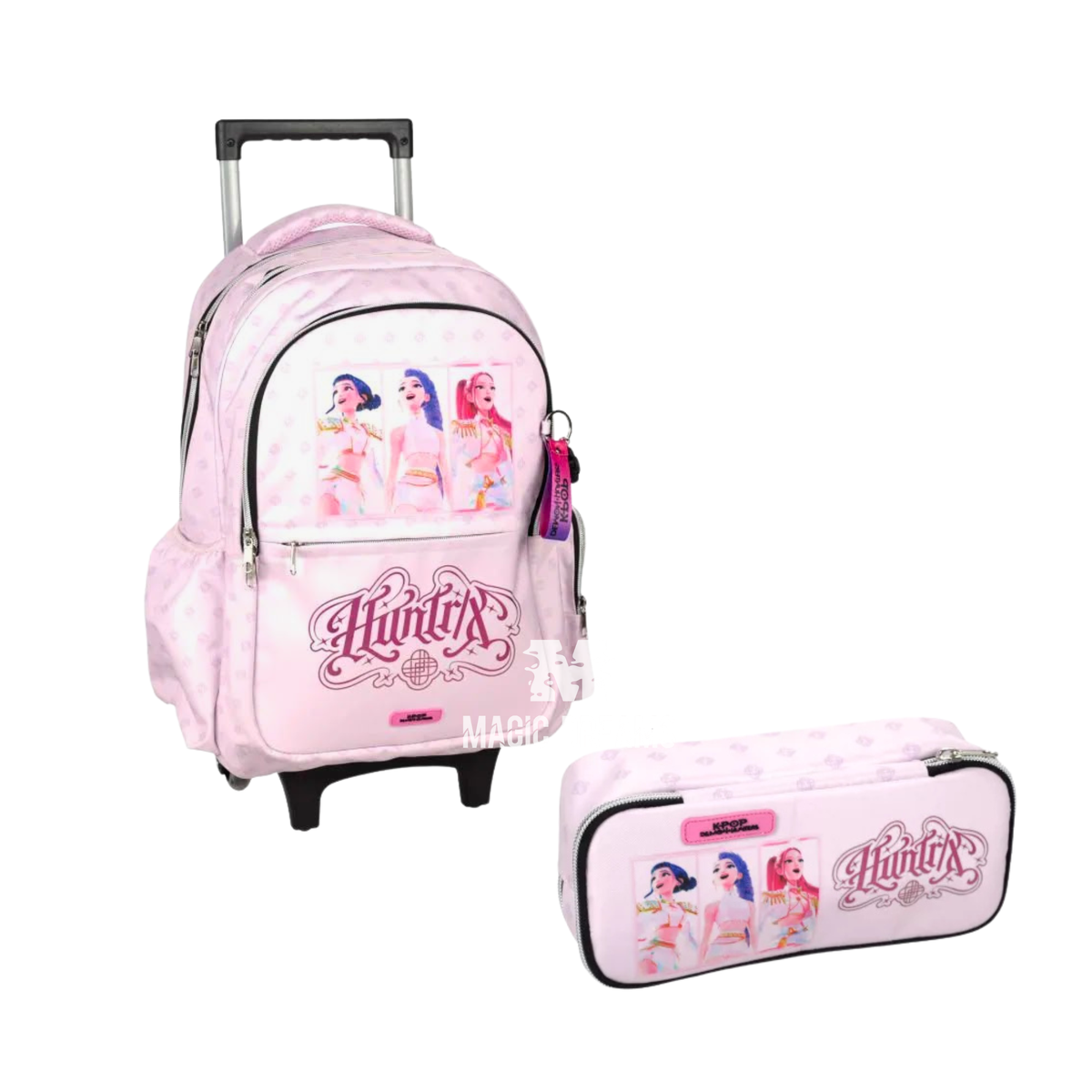 Conjunto de Mochila Escolar Trolley 46cm + Estojo Duplo Huntrix Rosa