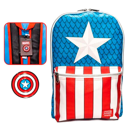 Mochila Escolar + Pin Capitão America Marvel Loungefly 45cm