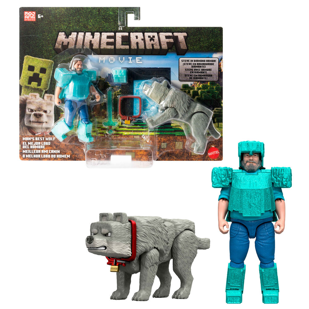 Pack 2 figuras Steve &amp; Wolf Minecraft O filme