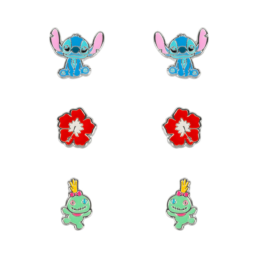 Set 3 Pares de pendientes Stitch Disney plata