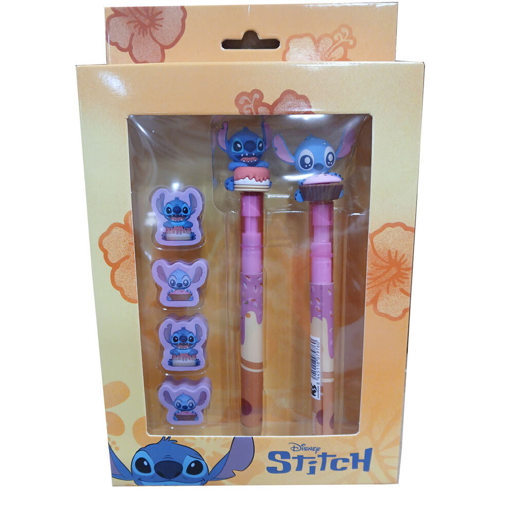 Set de Papelaria Caneta + Lápis + 4 borrachas Stitch Disney