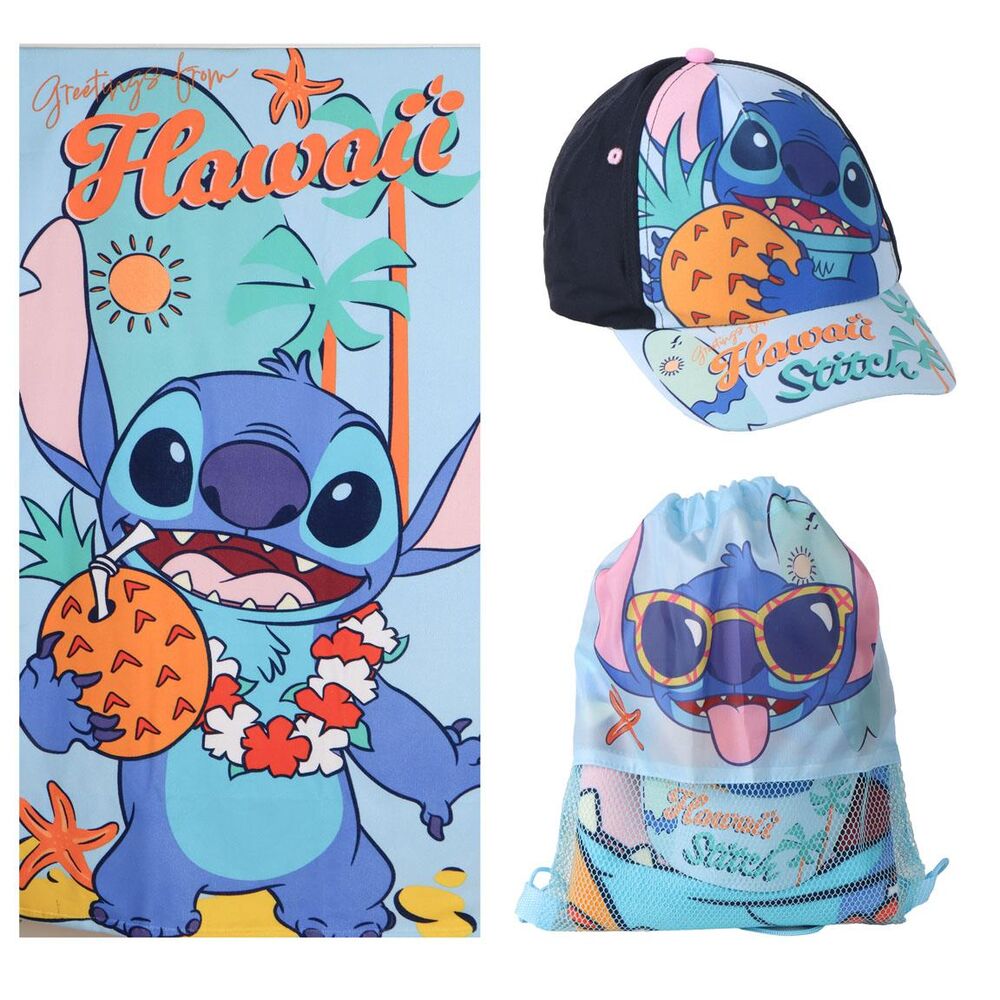 Conjunto Toalha de Praia + Saco + Boné Stitch Disney