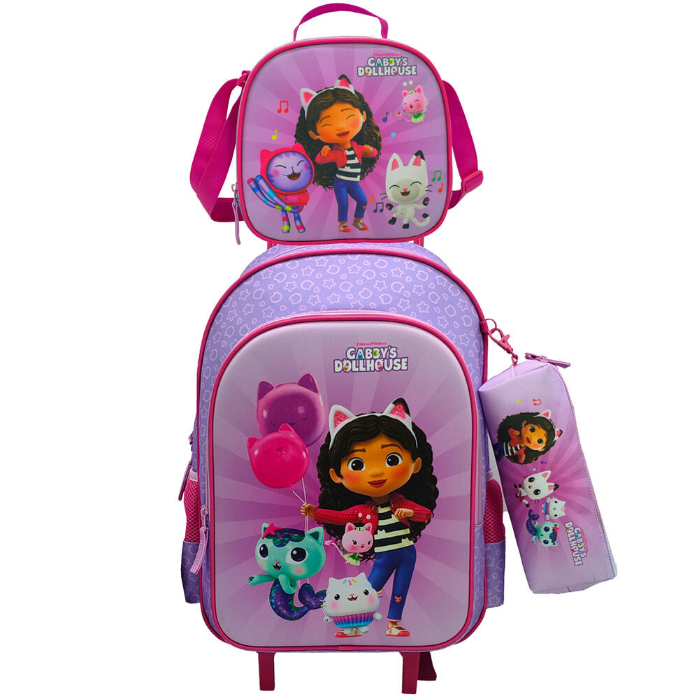 Conjunto de Mochila Escolar Trolley + Estojo + Lancheira Térmica Gabby&